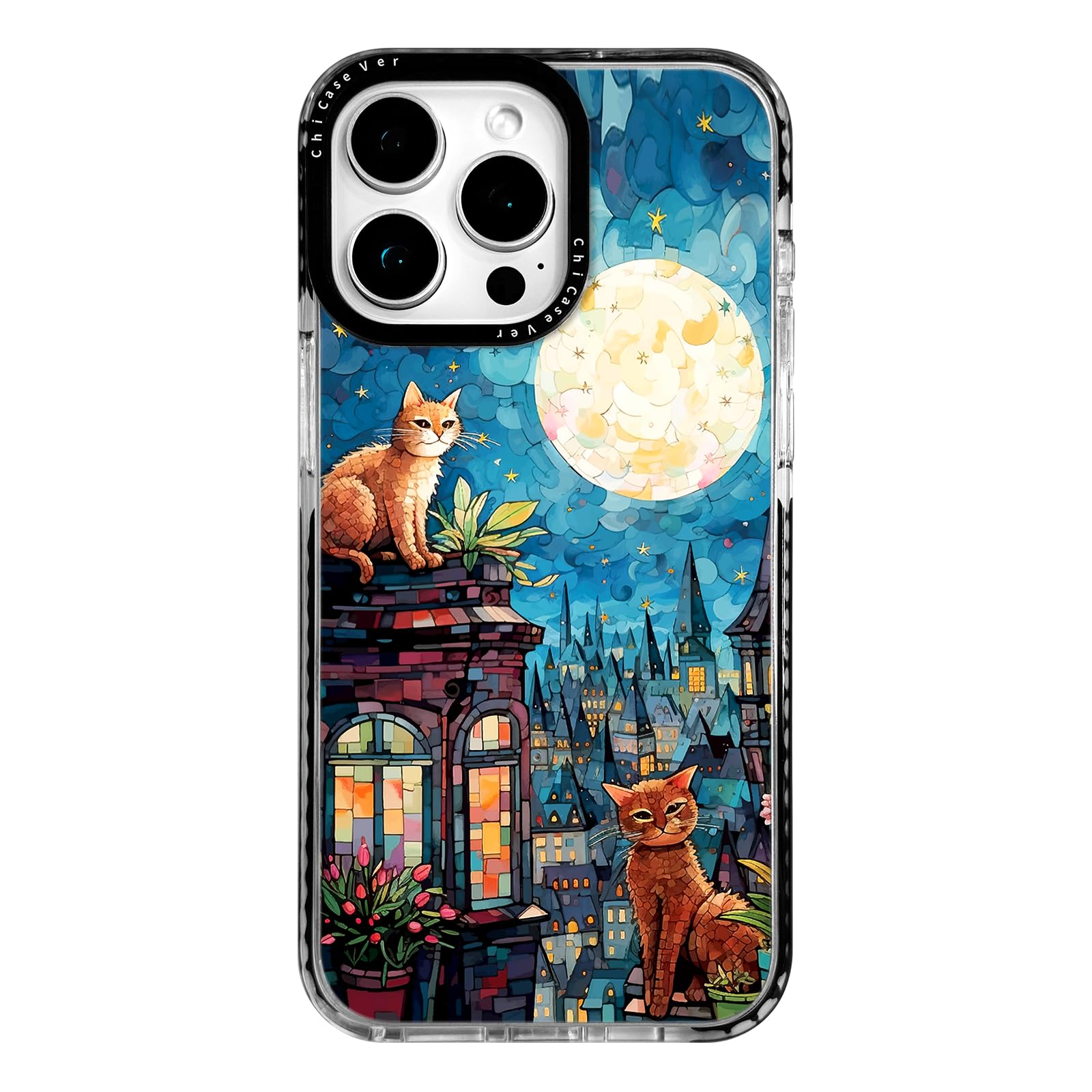 ChiCaseVer for iPhone 16 Pro Max Case, Starry Night Cats on Rooftop Pattern, Military-Grade Drop Protection, Magical Fantasy Sof