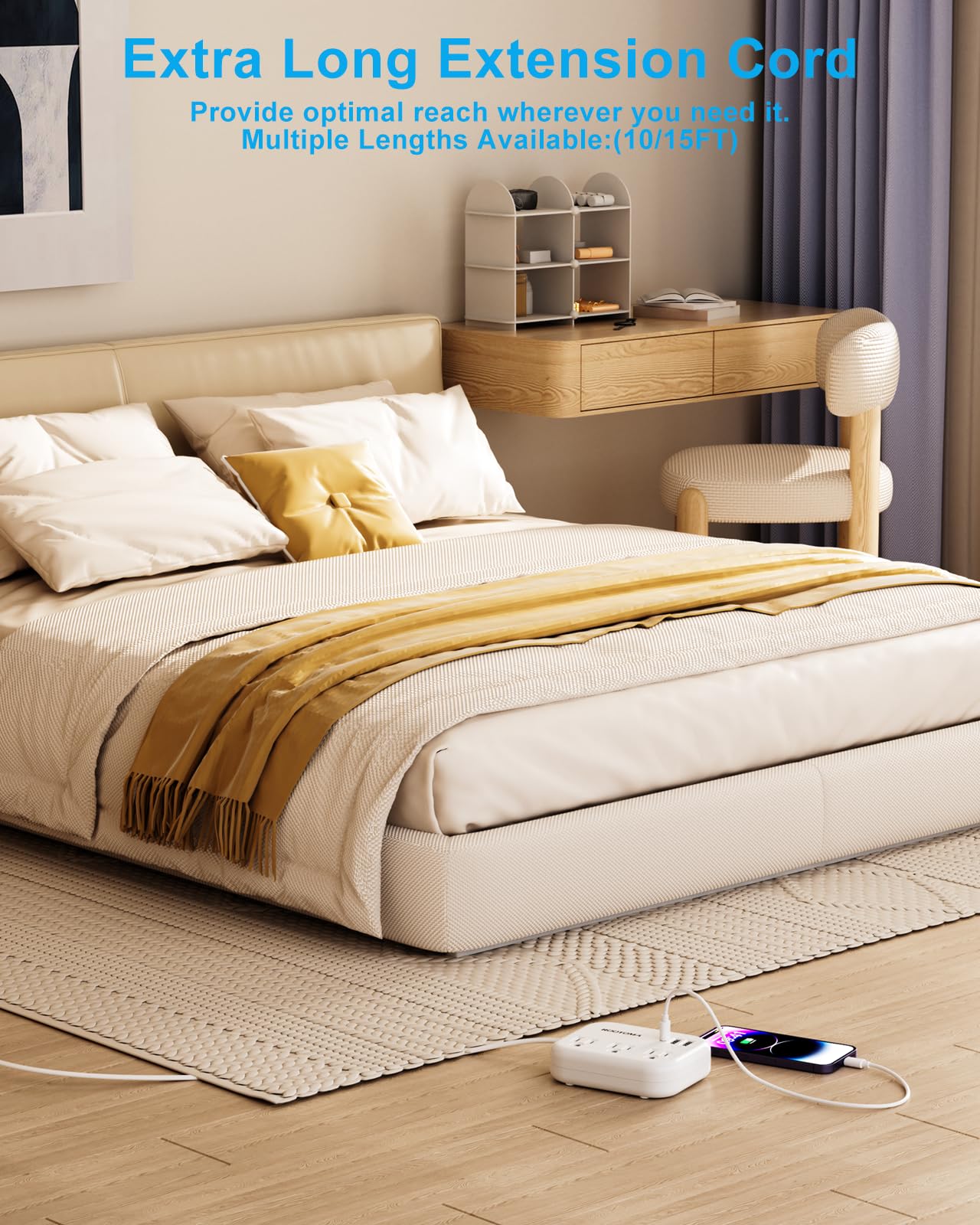 Flat Extension Cord 15 Ft Behind Furniture Ultra Slim Cord Under Carpet, Rug, Door, Long Extension Cord With 3 Usb 3 Outlets, Lo