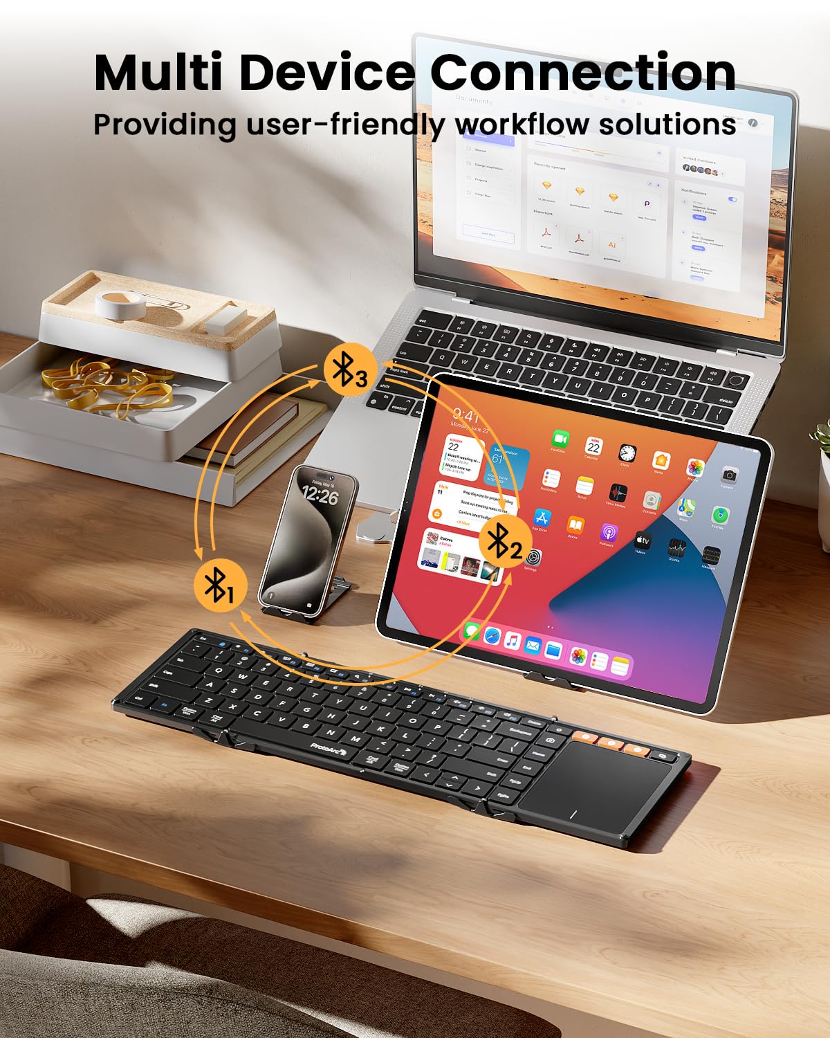 Protoarc Foldable Keyboard With Touchpad, Xk01 Tp Folding Portable Keyboard, Full Size Keys, Large Trackpad Bluetooth Travel Key