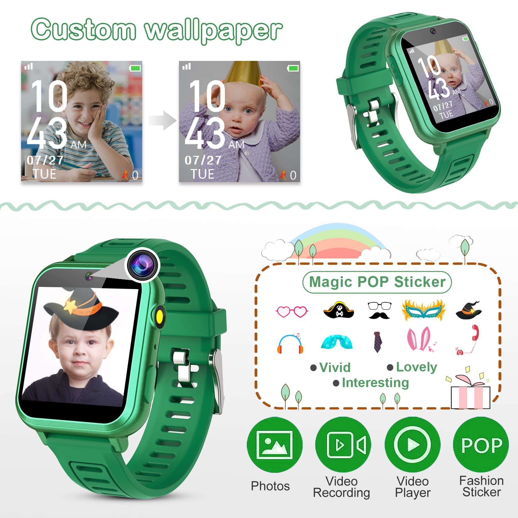 Smart Watch For Kids, Kids Smart Watch With 24 Puzzle Games Camera Video Recorder Music Alarm Calculator Calendar Flashlight Ped