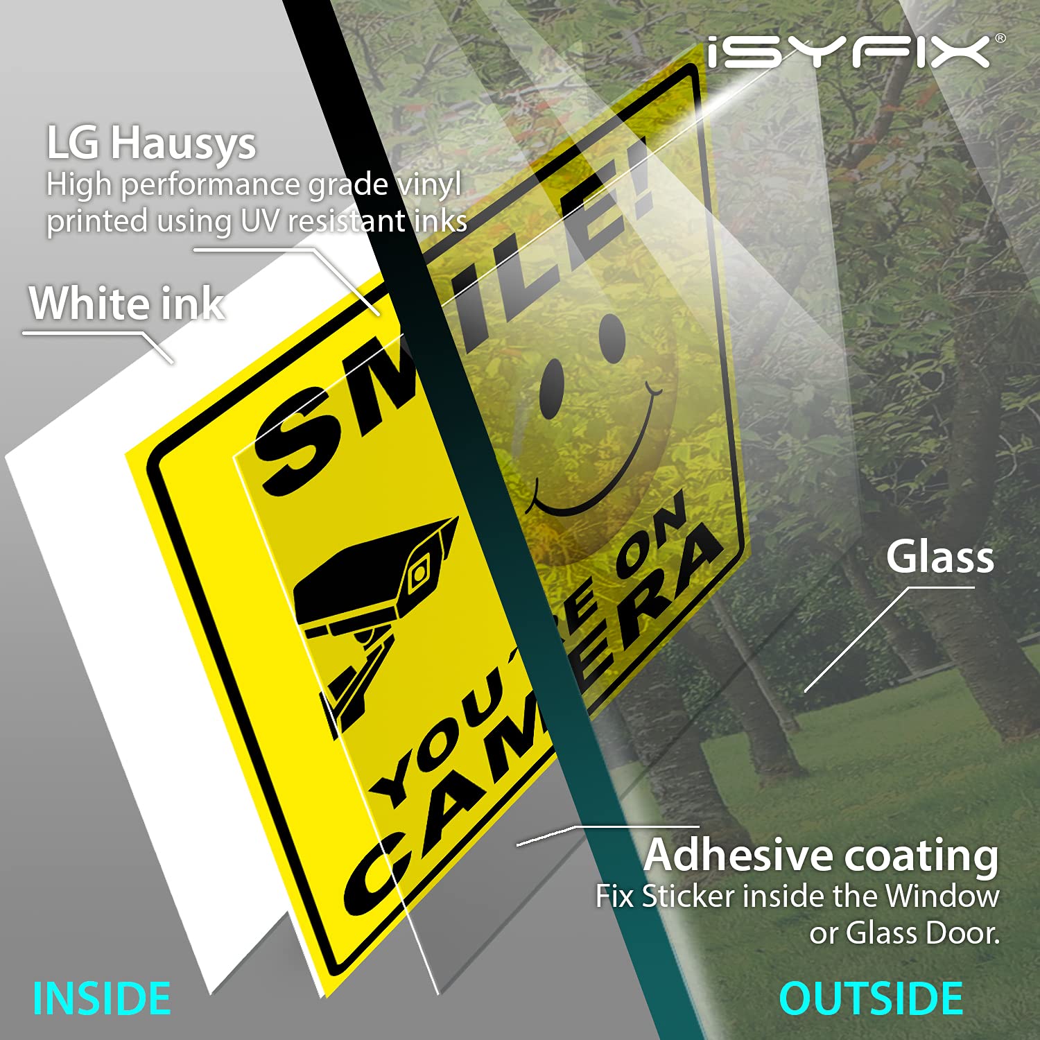 Isyfix Smile You'Re On Camera Stickers For Home   4 Pack 7X6 Inch   Decals For Inside The Window Or Glass, Uv, Weather, Scratch,