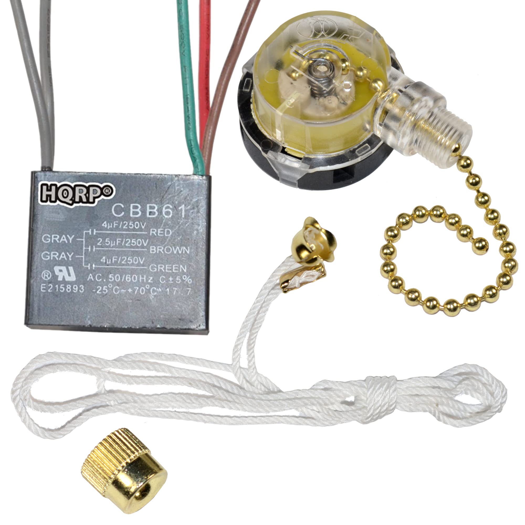 Hqrp Kit Ceiling Fan Capacitor Cbb61 4Uf+2.5Uf+4Uf 5 Wire Ul Listed And 3 Speed Fan Switch