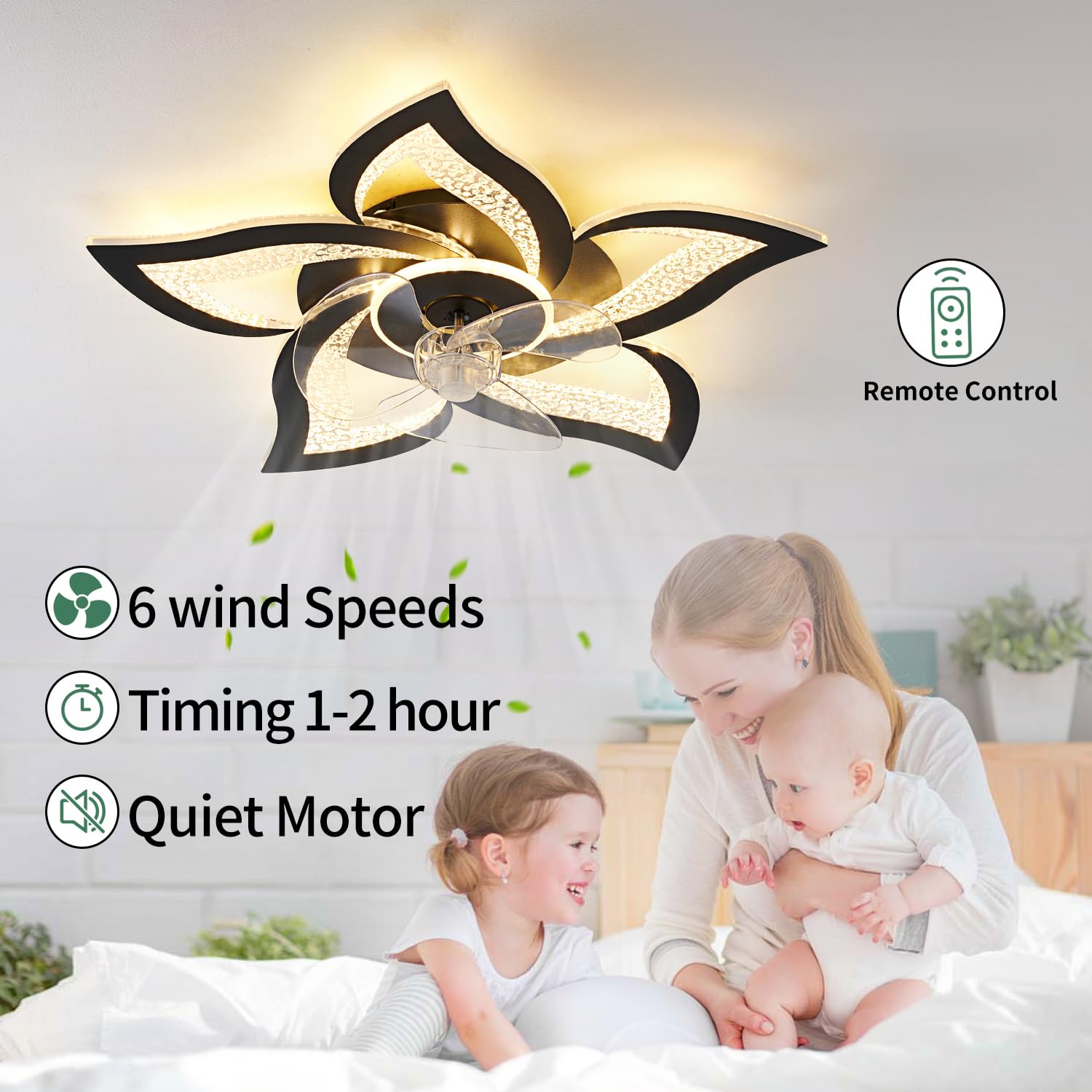 Yfrest Ceiling Fan With Lights Remote Control, Black Personalized Ceiling Fan With Light, 6 Speeds 3 Light Color Flush Mount Cei