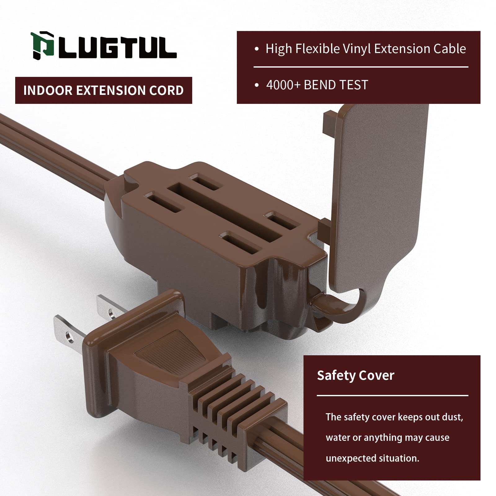 Plugtul Indoor Brown Extension Cord 15 Feet, 3 Outlet Household Extension Cord, 2 Prong, 16 Gauge, 3 Polarized Outlets With Safe