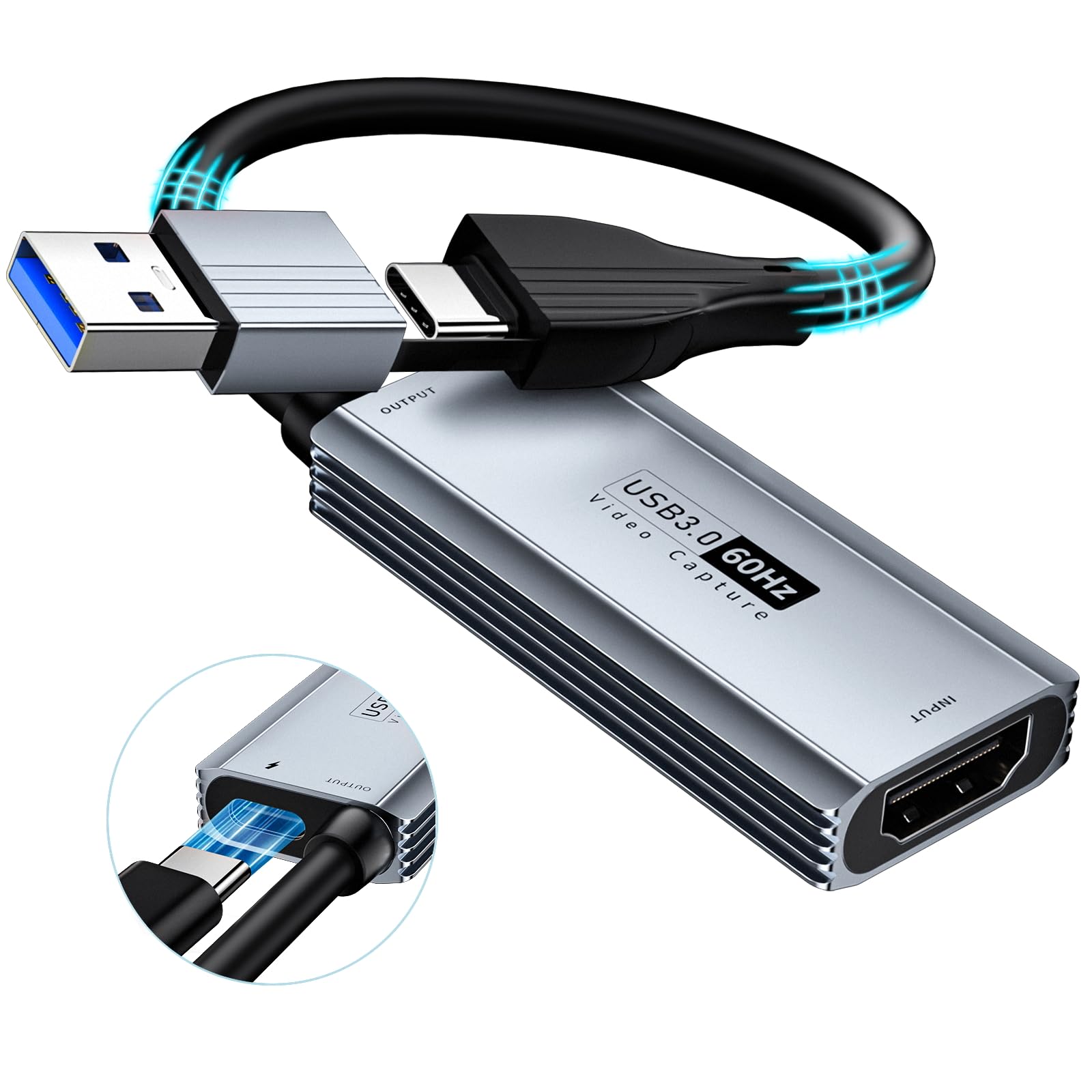 XIIXMASK USB 3.0 Video Capture Card with 100W PD - HDMI to USB/USB-C Capture Card 1440P 30fps & 1080P 60fps Video Capture Device