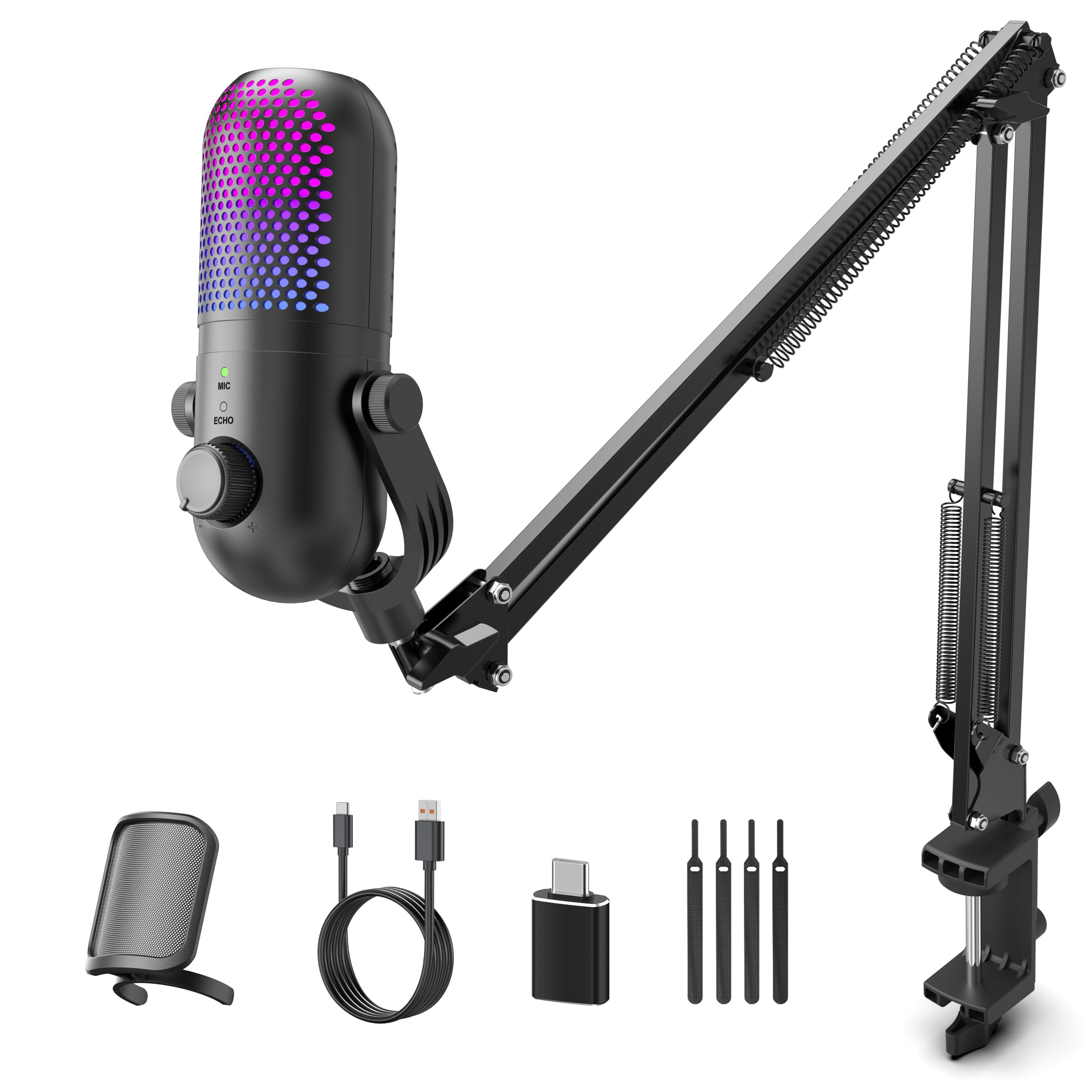 USB Microphone for PC Gaming: Gaming Equipment Condenser Microphone RGB for Gamer with Boom Arm Mic - Recording Mic for Computer