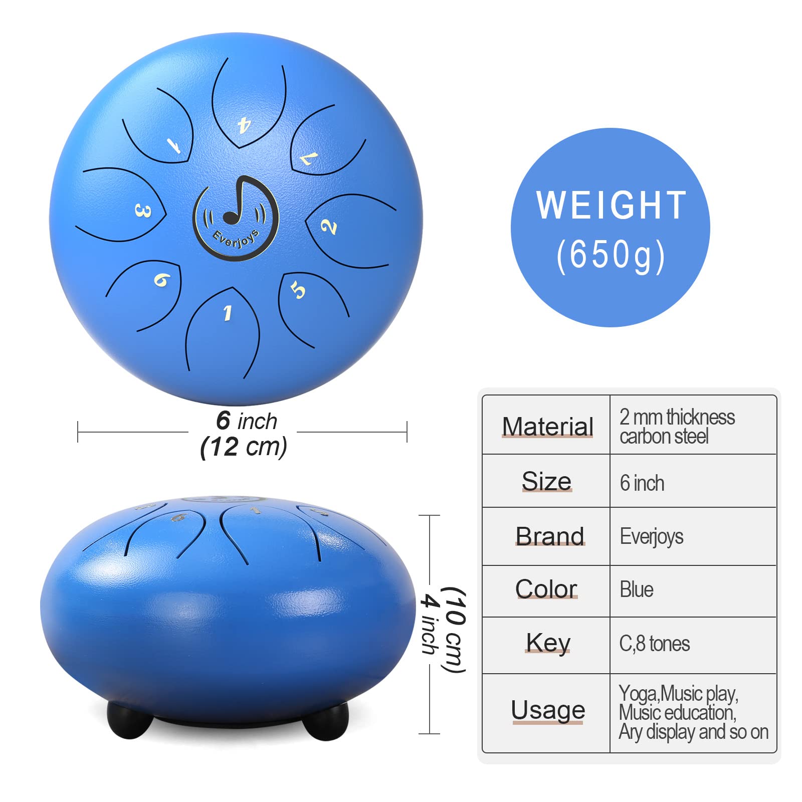 Rain Drum For Outside  Steel Tongue Drum 8 Notes 6 Inches, Handpan Drum Percussion Instrument W/Gig Bag, Music Book, Mallets And