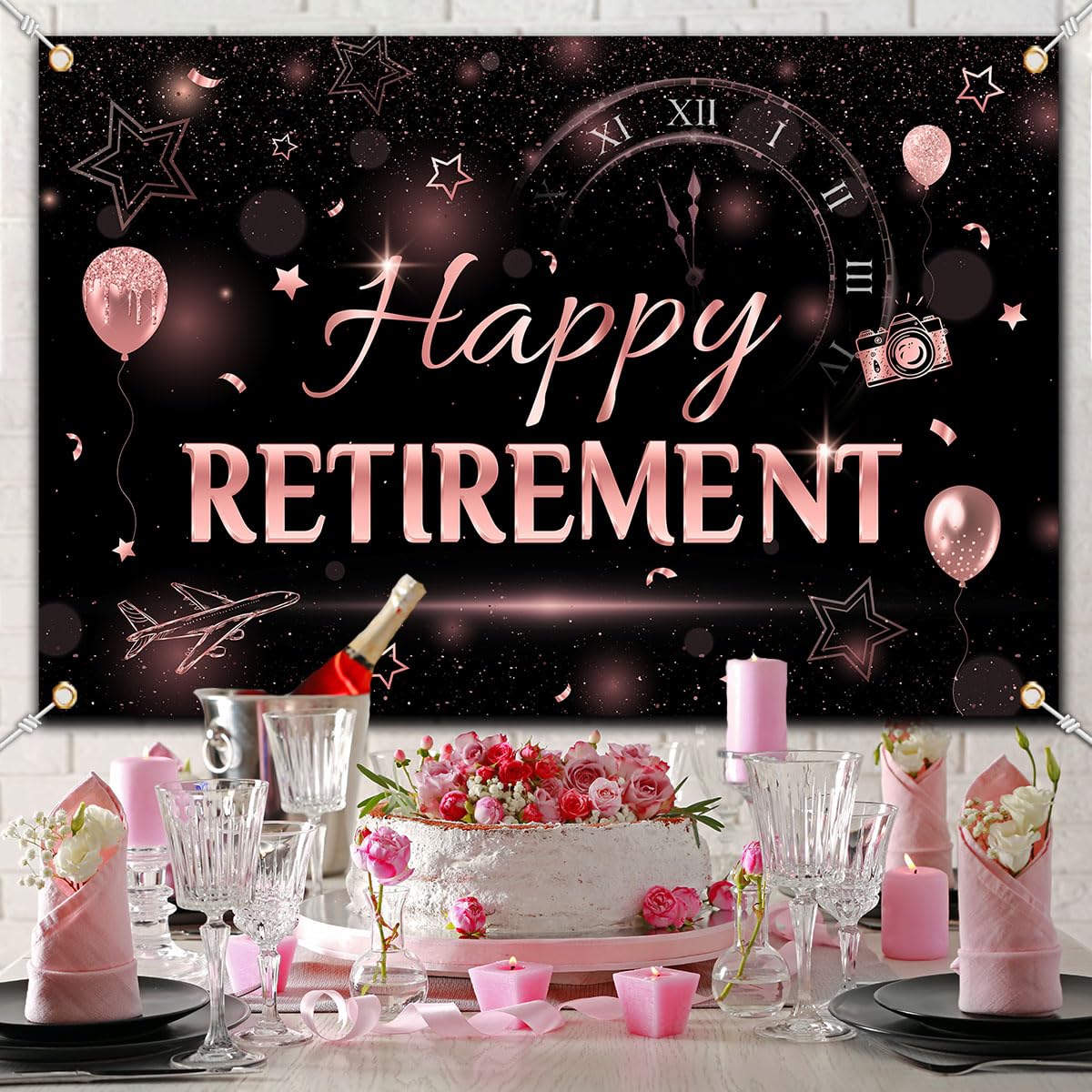 Retirement Decorations,Happy Retirement Backdrop Rose Gold Retirement Party Photo Booth Banner For Woman Retirement Party Suppli