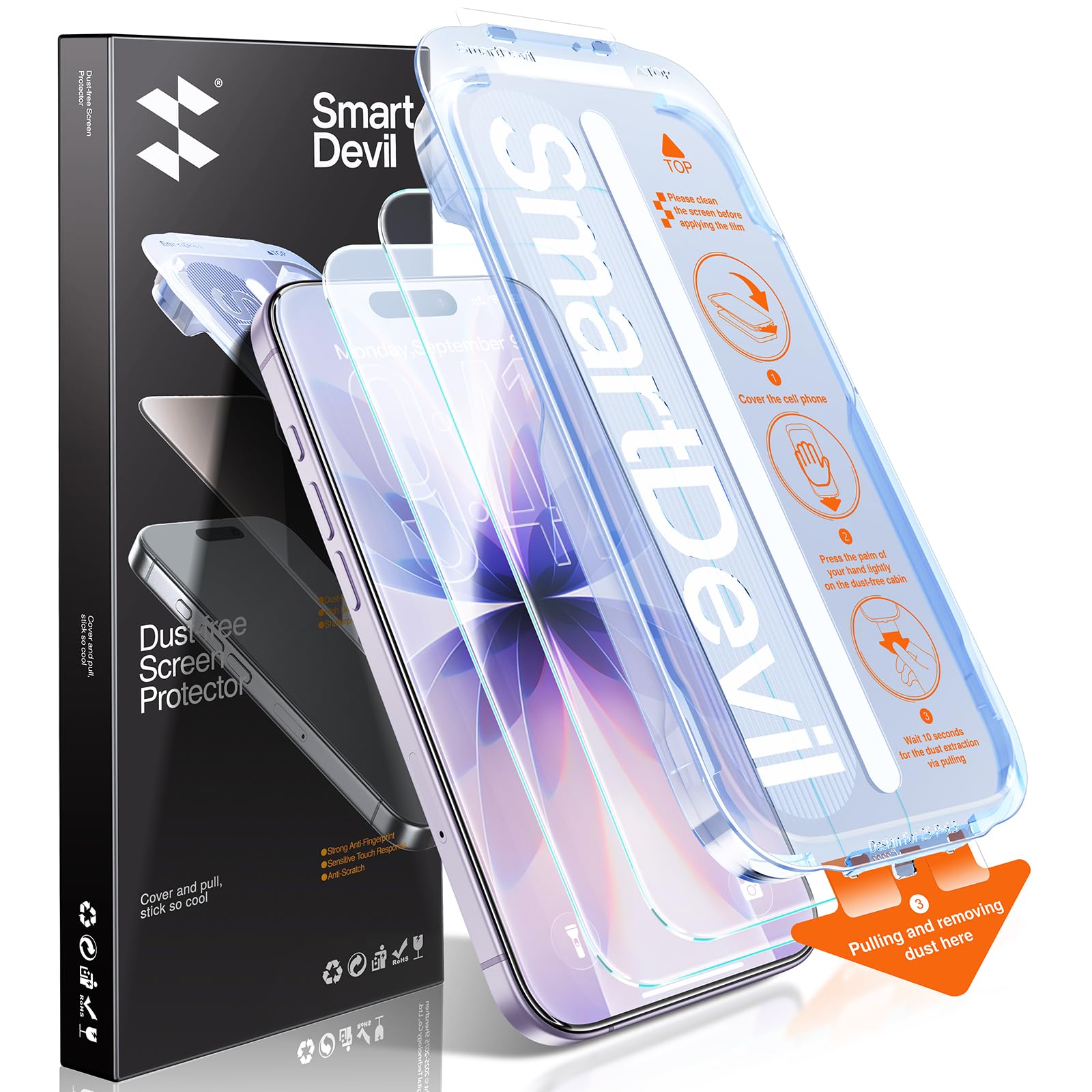 SMARTDEVIL 2 Pack for iPhone 17 Screen Protector, 9H Hardness Military Grade Shatterproof, HD Clear Tempered Glass with Auto Dus