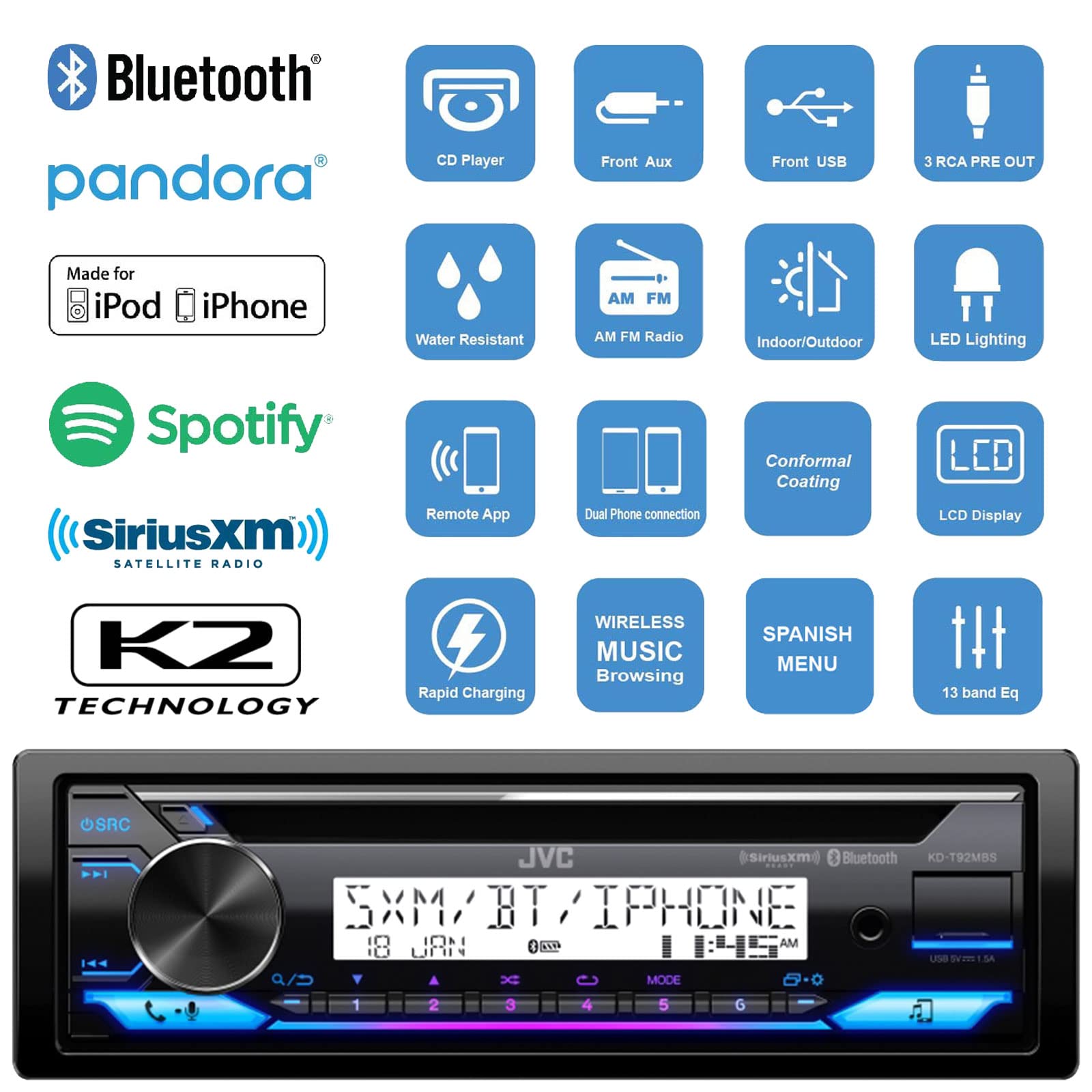 Jvc Single Din Marine Bluetooth Usb/Aux Stereo Receiver, 4X 6.5 100 Watt Black Speakers W/Wire, 10'' 1300 Watt Multicolor Led Bl