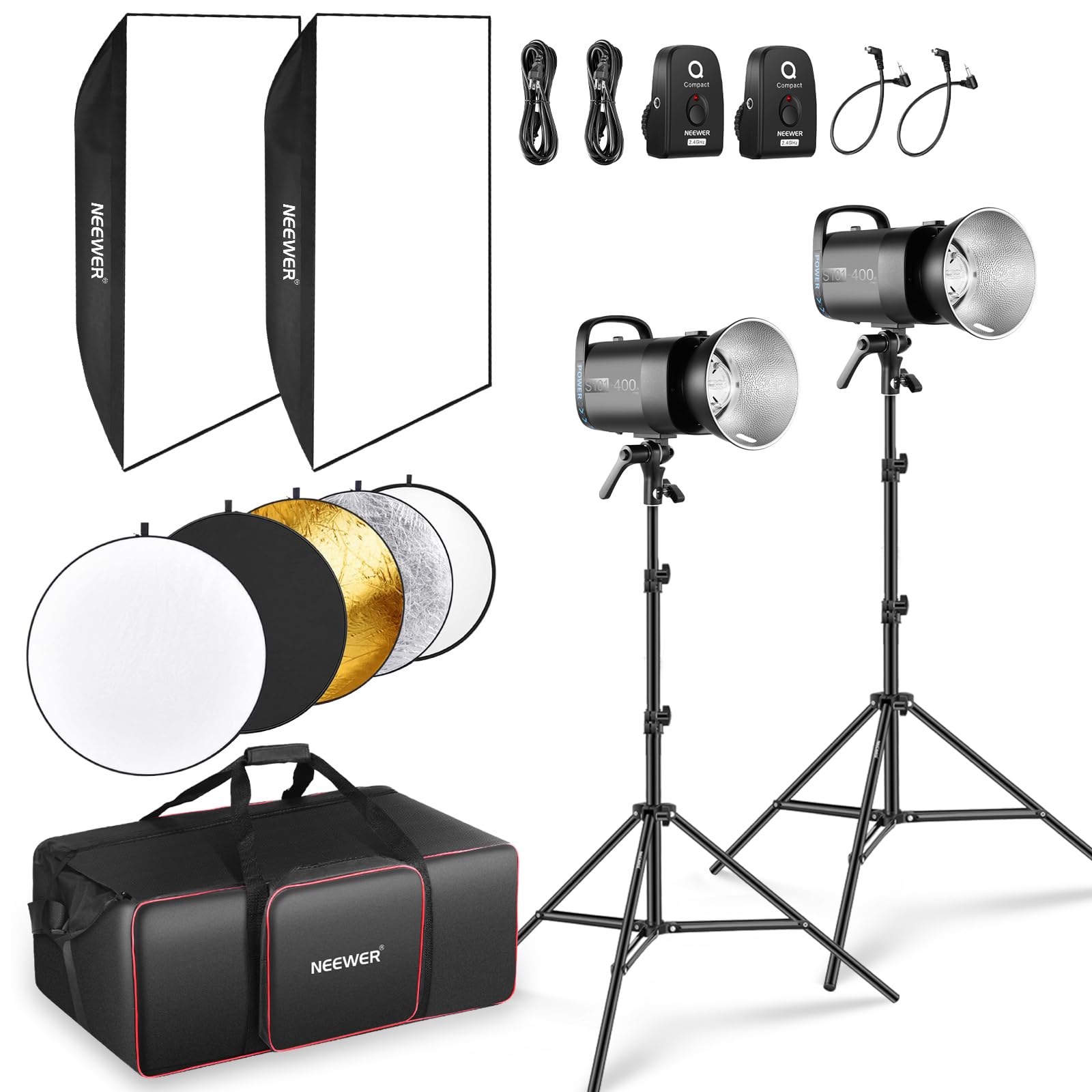 NEEWER 800Ws Studio Monolight Flash Light Kit: 2 Pack S101-400W PRO 5600K Strobe Lights with 2.4G Trigger/150W Modeling Lamps/Bo