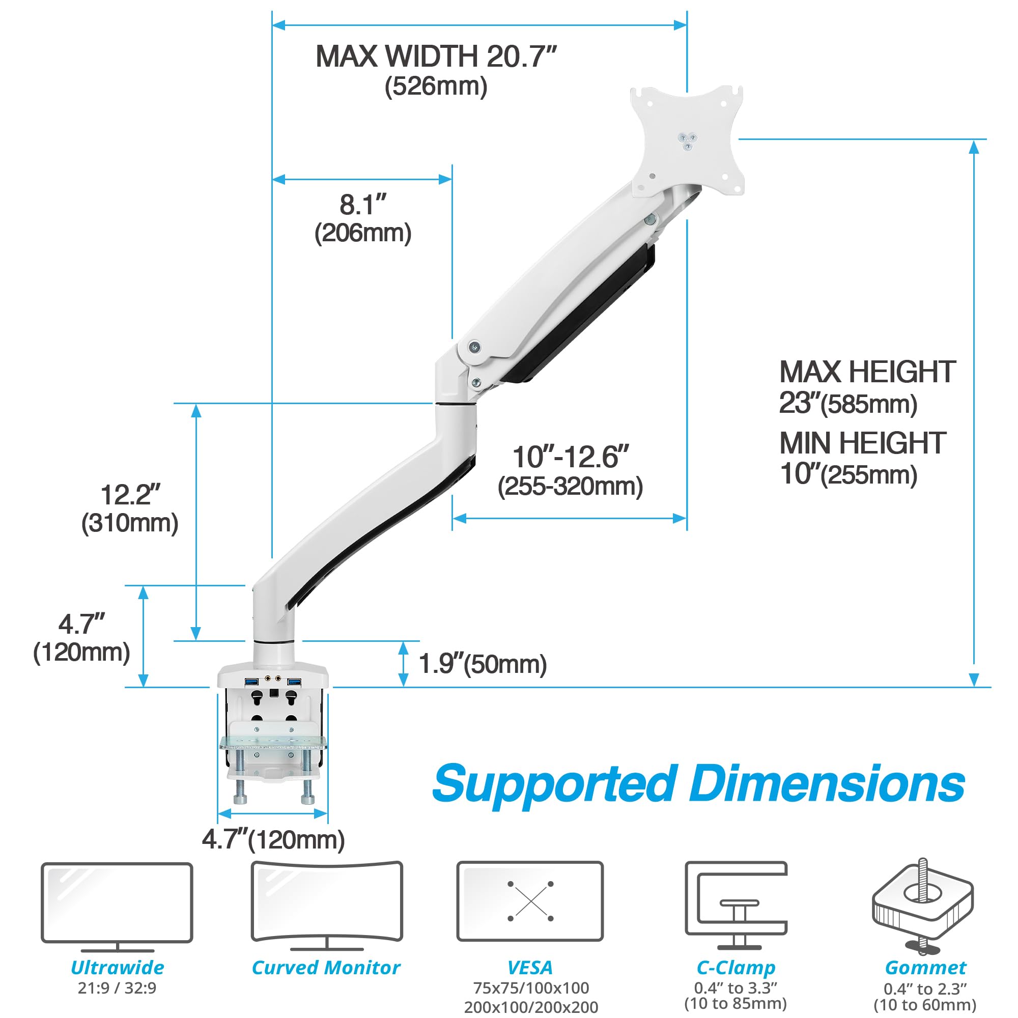Avlt Single 17-49 Super Ultrawide Monitor Arm For Screens Up To 50 Lbs, Premium Aluminum Desk Stand, Adjustable Pneumatic Height