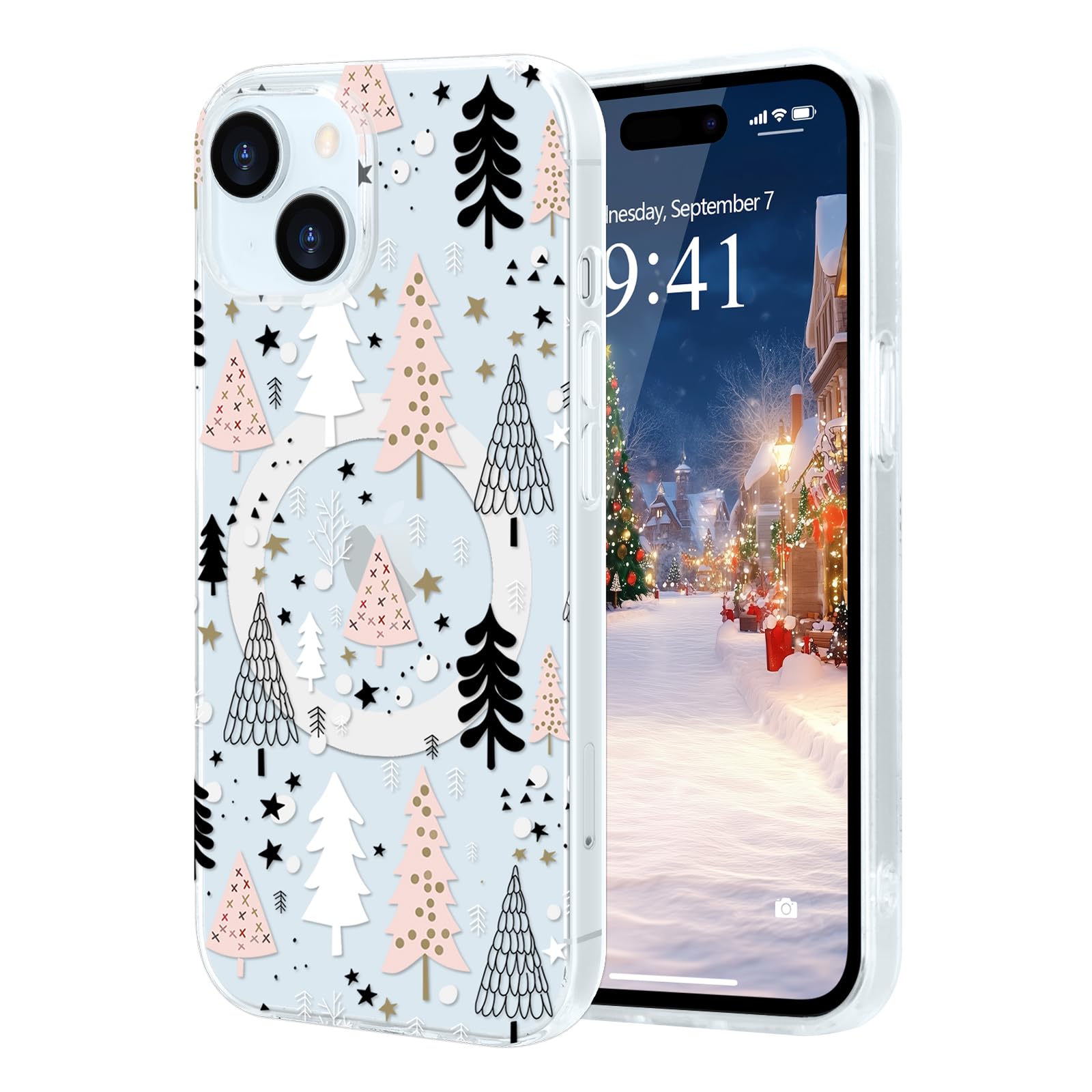 Pepmune for iPhone 15 Case, Cute Merry Christmas Clear Phone Cover for Kids Women Men Xmas Tree Pattern Compatible with MagSafe 