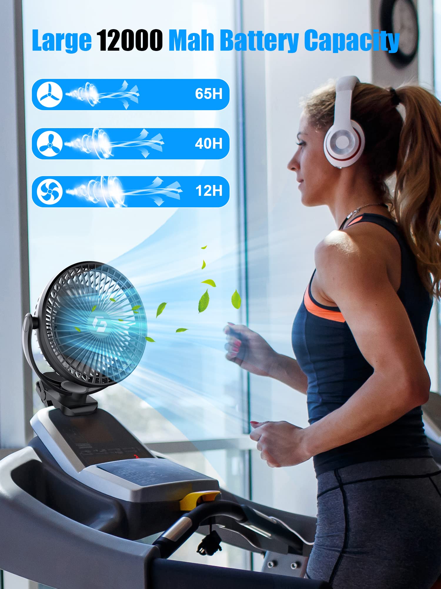 Frizcol 12000Mah 8 Inch Portable Clip On Fan,Battery Operated Camping Fan With Lights And Remote, Usb Fan Small Desk Fan Persona