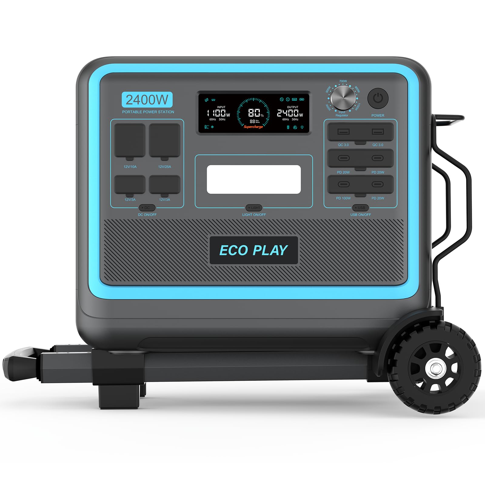 Eco Play SYD2400 Portable Power Station with Trolley, 2048Wh LiFePO4 Battery Backup, 2400W Solar Genarator with 500W Solar Input