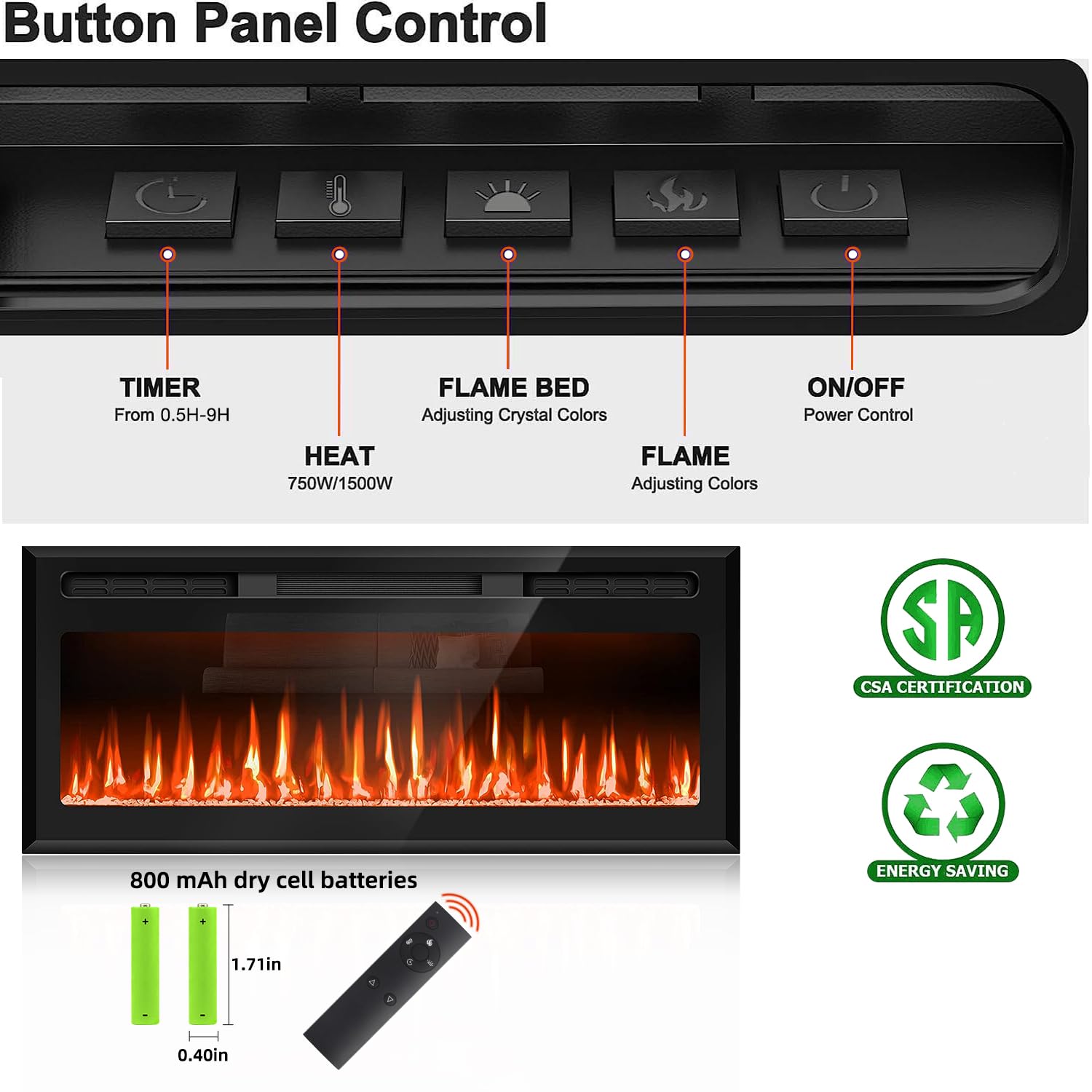 50'' Electric Fireplace Upgrade Fireplace Heater Recessed & Wall Mounted, 750/1500W Linear Fireplace Led Electric Fireplace Inse