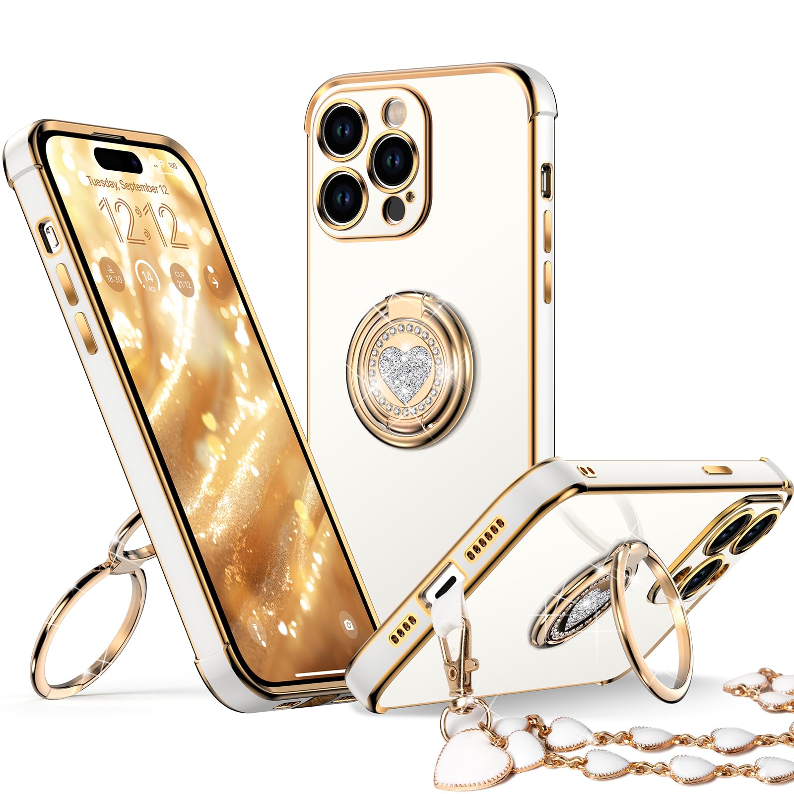 Xyz For Iphone 15 Pro Case With Stand, 15 Pro Phone Case With Ring Kickstand For Women Girls, Bling Luxury Case Heart For Iphone