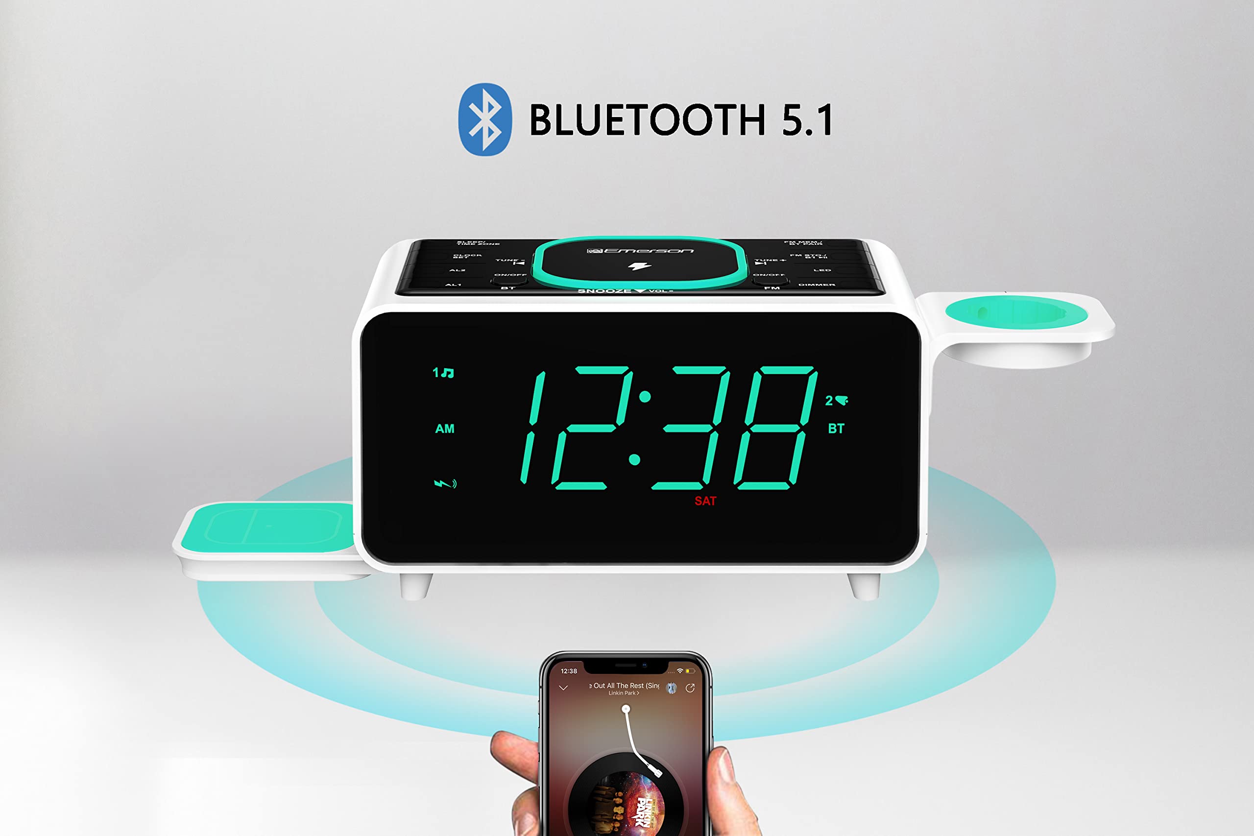 Emerson Smartset Dual Alarm Clock Fm Radio With Wireless Charging, Bluetooth Speaker, Ultra Fast Charging For Airpods/Iphone, Fo