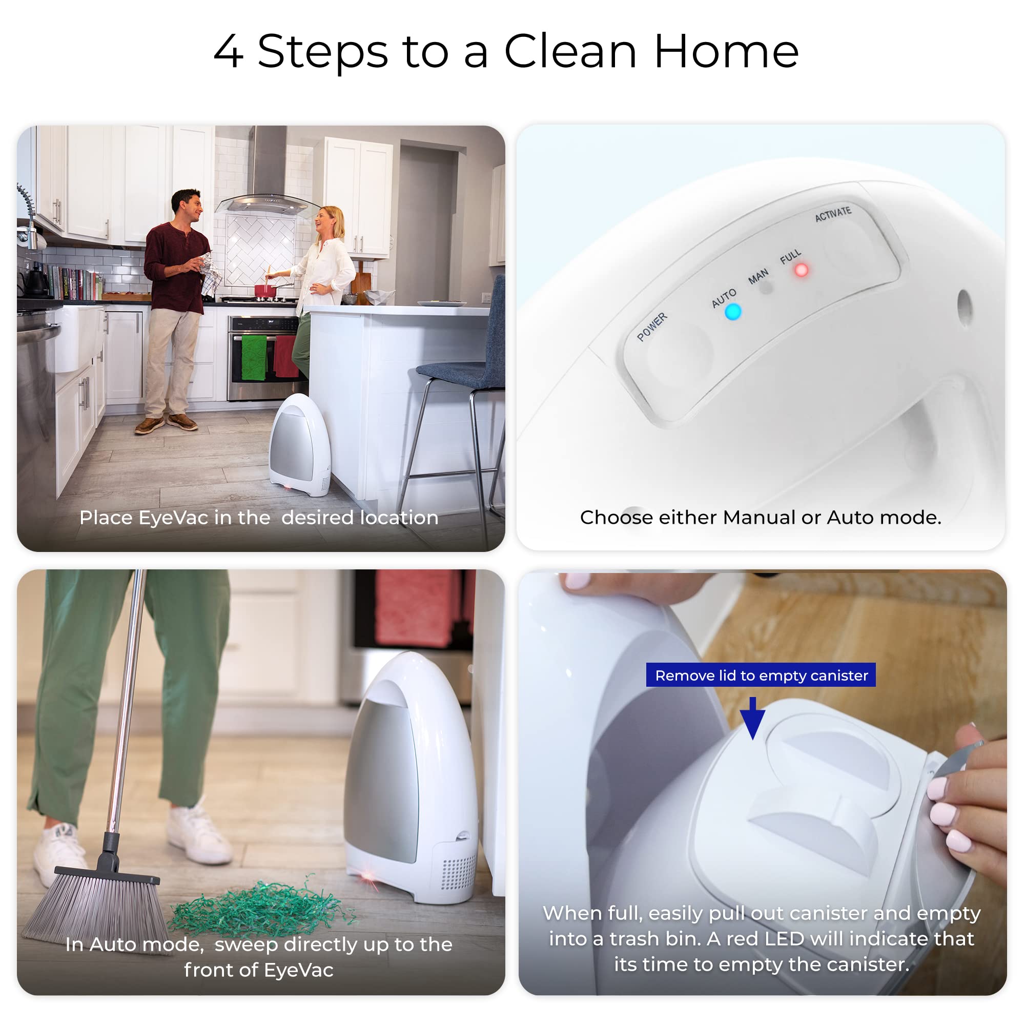 Eyevac Home Touchless Vacuum Automatic Dustpan   Great For Sweeping Pet Hair Food Dirt Kitchen   Ultra Fast & Powerful, Corded C
