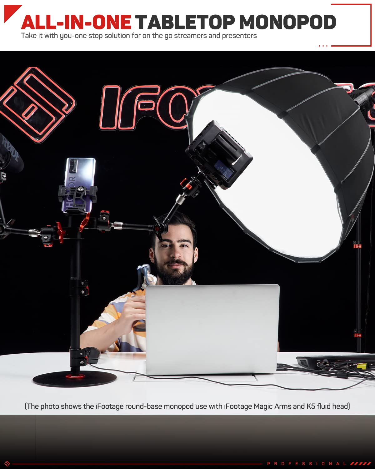 Ifootage Round Base Monopod Cobra 2, 60'' Indoor Stand Monopod, Aluminum Camera Monopod With Base, Video Monopods With Round Bas