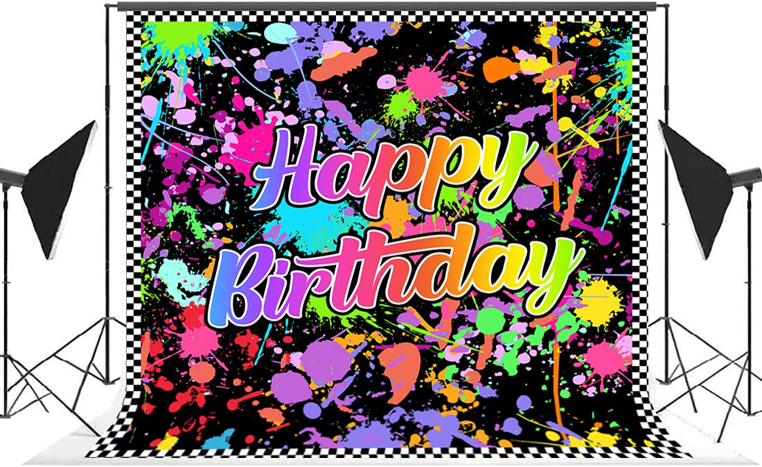 Lofaris Neon Glow(Not Glow) Birthday Party Photography Backdrop Colorful Graffiti Splatter In The Dark Happy Birthday Background