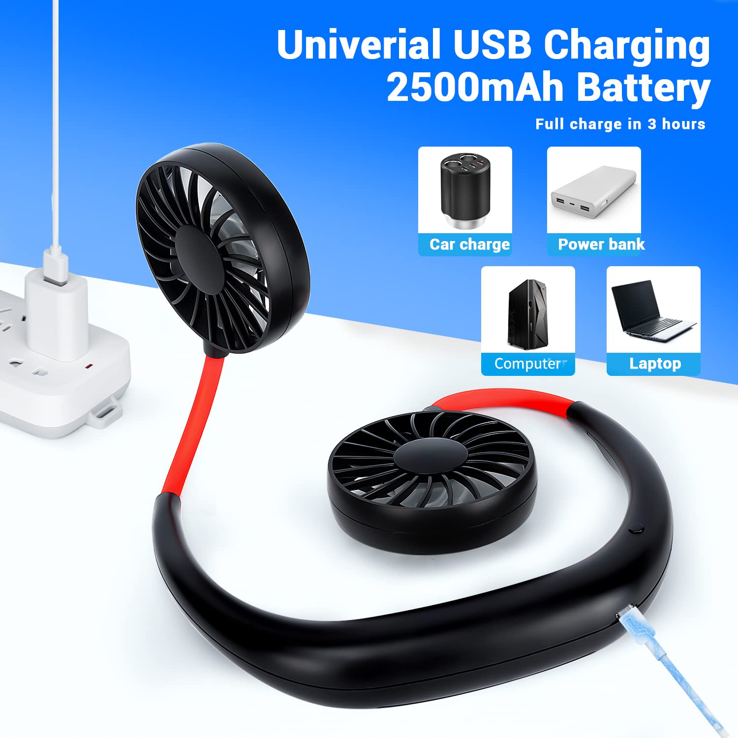JUANANIUG Portable Neck Fan Hands-Free Rechargeable 3-Speed 360° Rotation Plastic Red Black 2-Pack