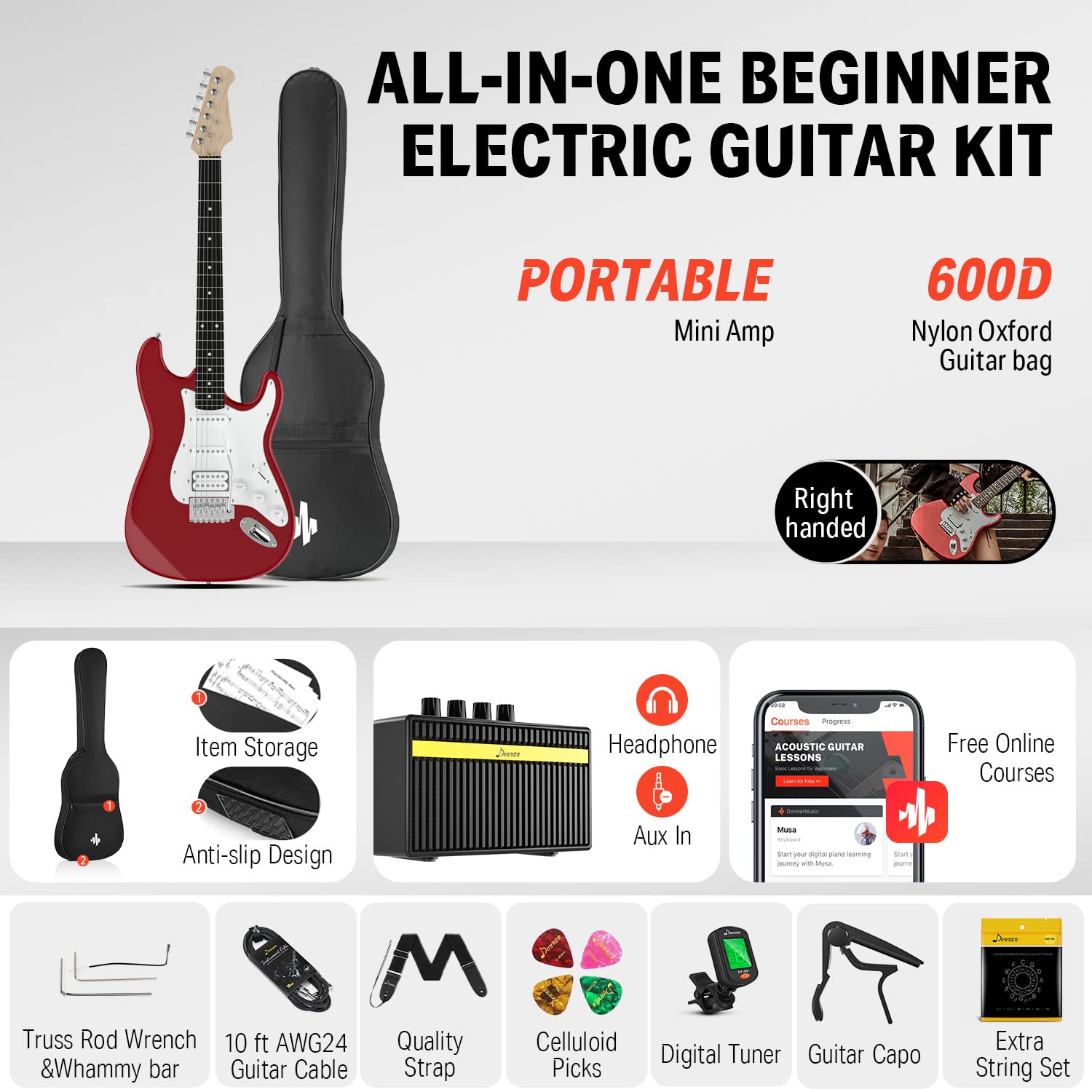 Donner Dst 100R 39 Inch Electric Guitar Beginner Kit Red Full Size Solid Body Hss Pick Up Starter Package With All Accessories A