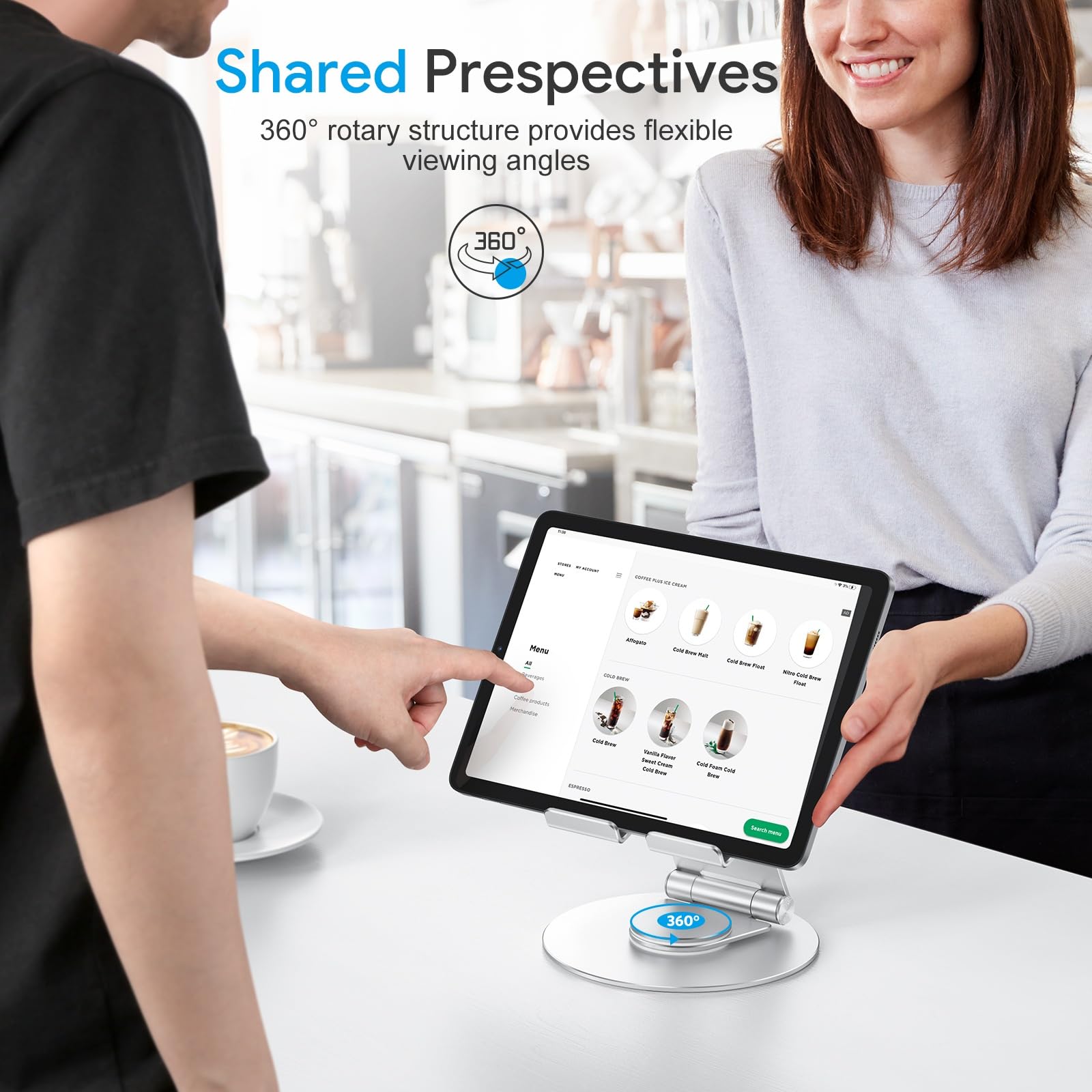 Omoton Swivel Tablet Stand For Ipad With 360 Rotating Base, Foldable Adjustable Holder For Drawing, Compatible With Ipad Pro/Air/Mini And More, Silver