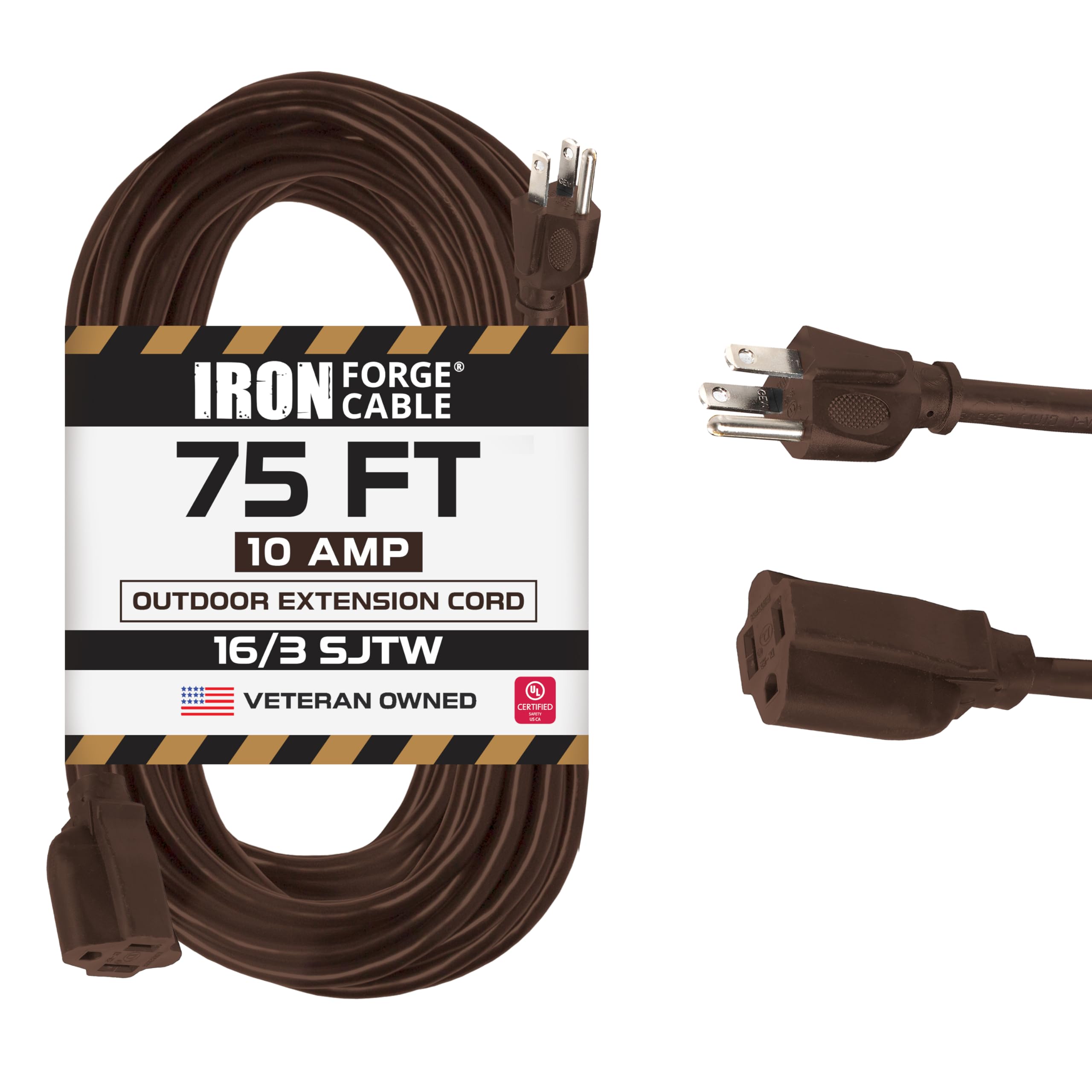 Iron Forge Cable Outdoor Extension Cord 75 Ft, 16/3 Sjtw 75 Foot Dark Brown Exterior Extension Cord 3 Prong, Weatherproof Heavy