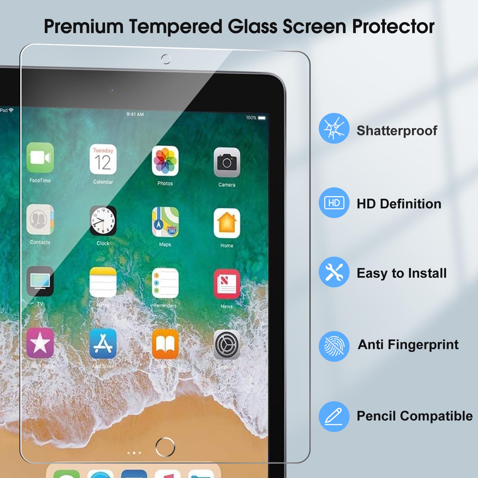 Qularlans 2 Pack Screen Protector For Ipad 6Th 5Th Generation 9.7 Inch (2018/2017, Model A1822/A1823/A1893/A1954), Anti Scratch