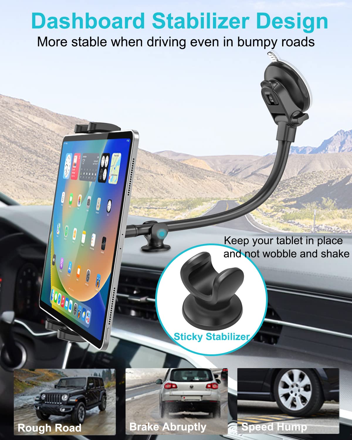 Dosvsi Car Tablet Holder - Windshield/Dashboard Suction Cup Mount, 360 Rotation & Flexible Gooseneck Cradle For Ipad, Galaxy Tab