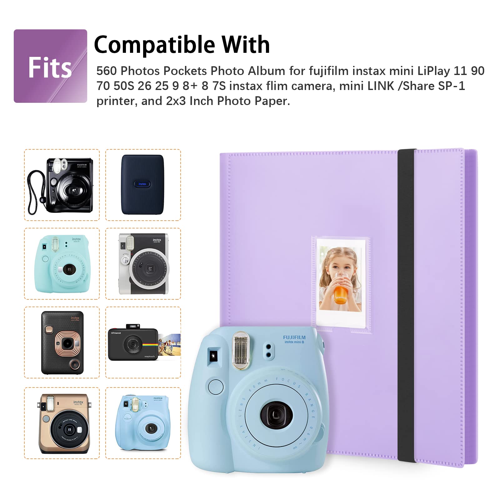 560 Pockets Photo Album For Fujifilm Instax Mini Camera, 2X3 Photo Album Book For Fujifilm Instax Mini 1112 9 Evo 90 70 40 8 7 Liplay Instant Camera (Purple)