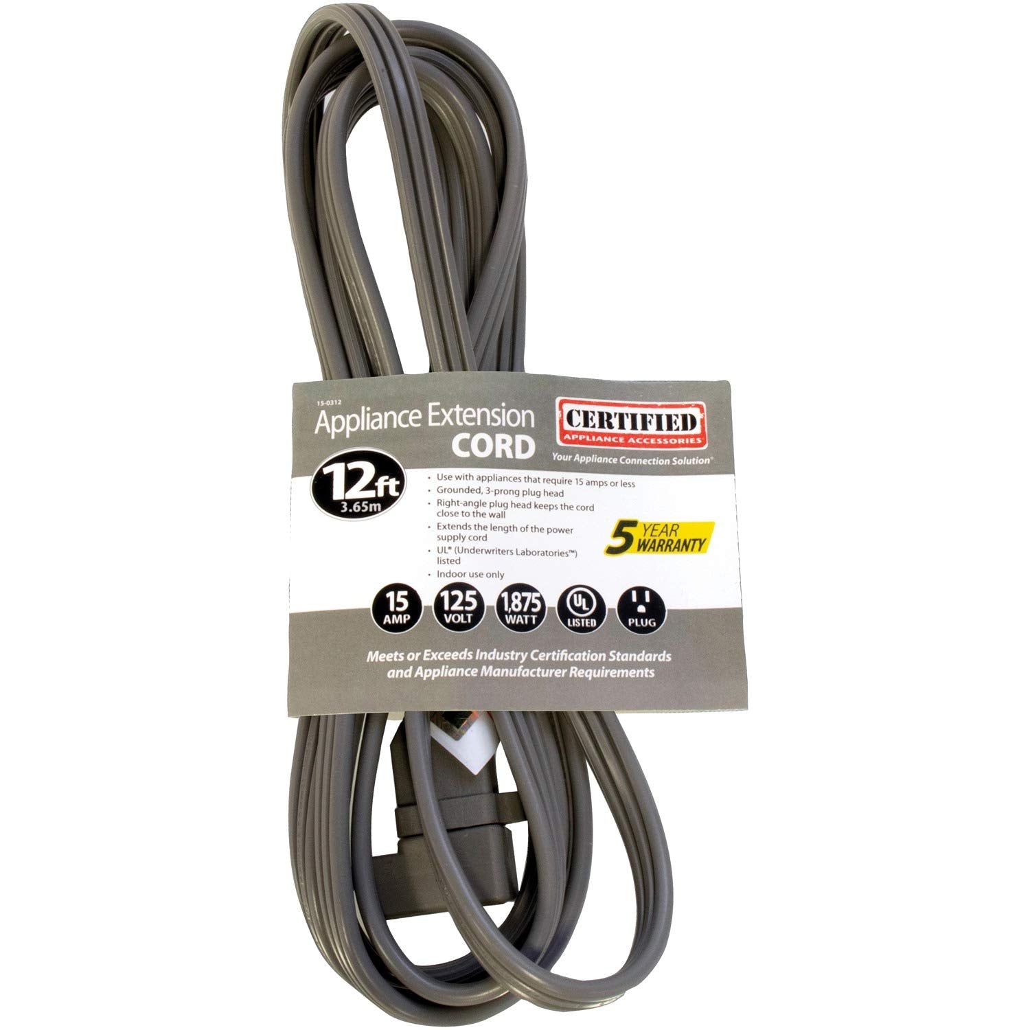 Certified Appliance Accessories 15 0312 15 Amp Appliance Extension Cord, 12 Feet, Grounded, Right Angle Plug Head
