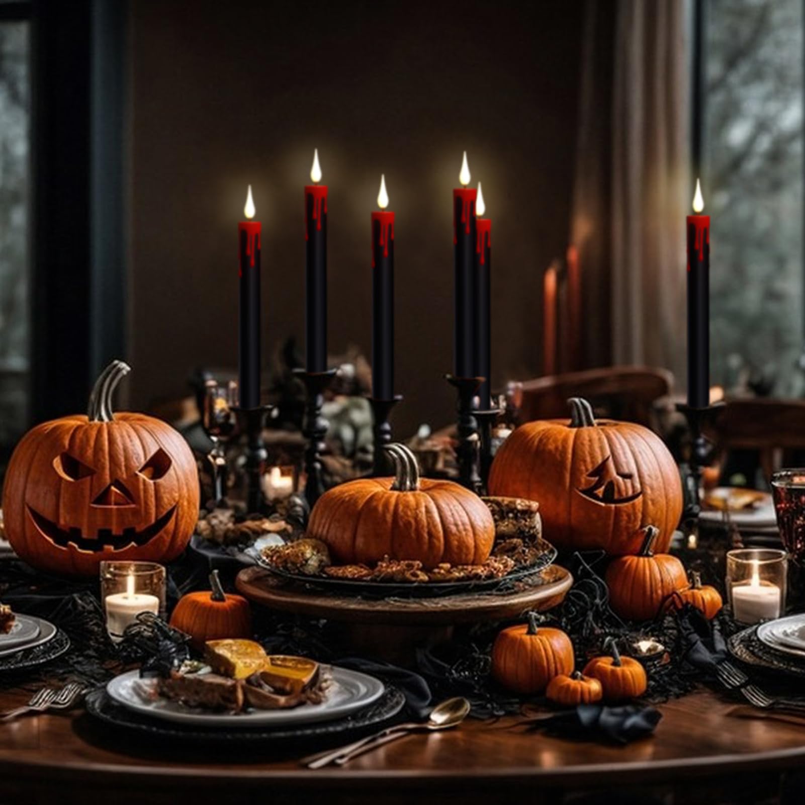 Genswin Halloween Black Taper Flameless Candles Battery Operated With Remote Timer, 4 Pcs Drip Wax Flameless Led Candle Sticks W