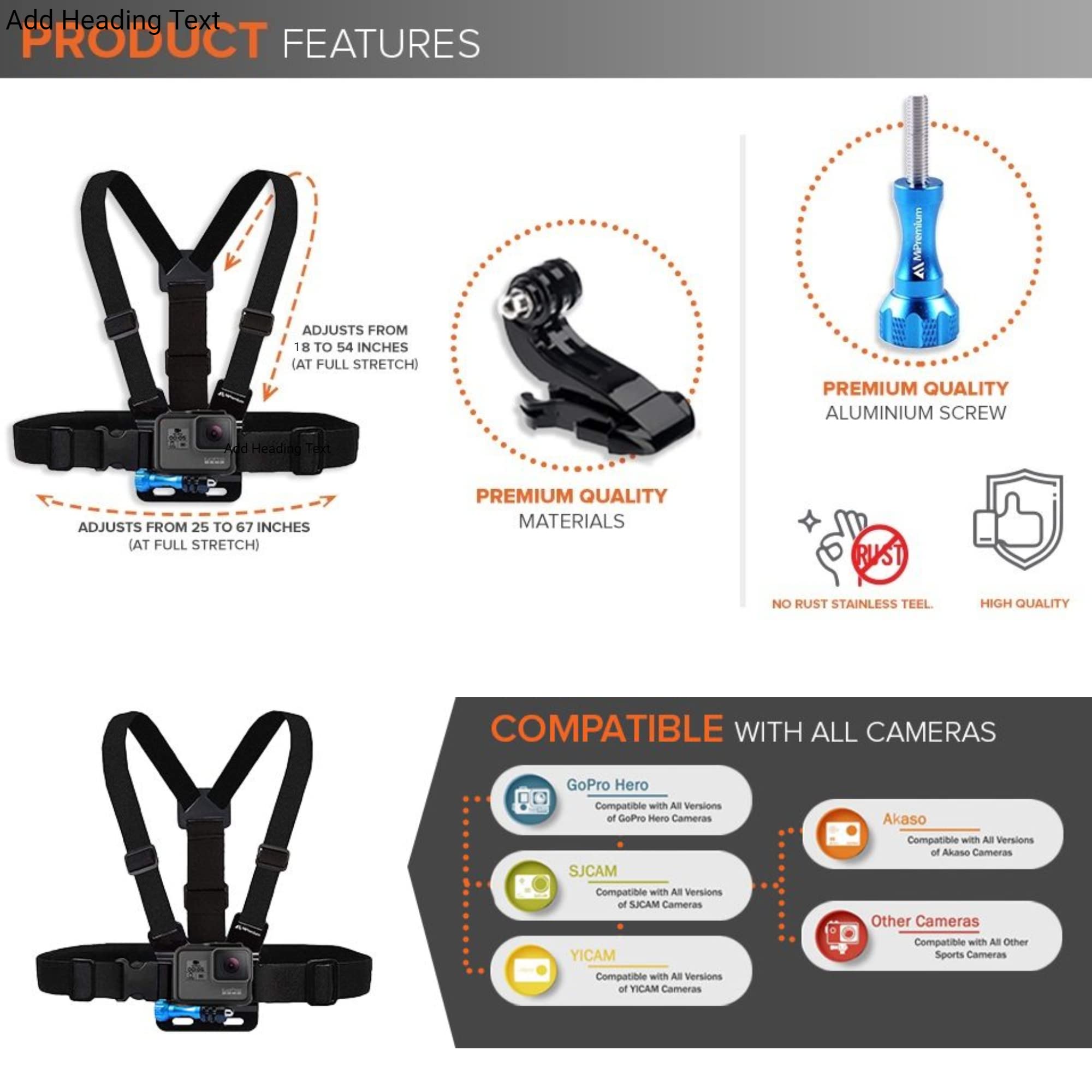 Chest Mount Chesty Harness Strap For Gopro Hero 13 12 11 10 9 8 7 6 5 4 Session 3 2 Max Black Silver & Akaso Ek7000 Sjcam Action Camera Adjustable Vest & Body Holder Accessories Kit