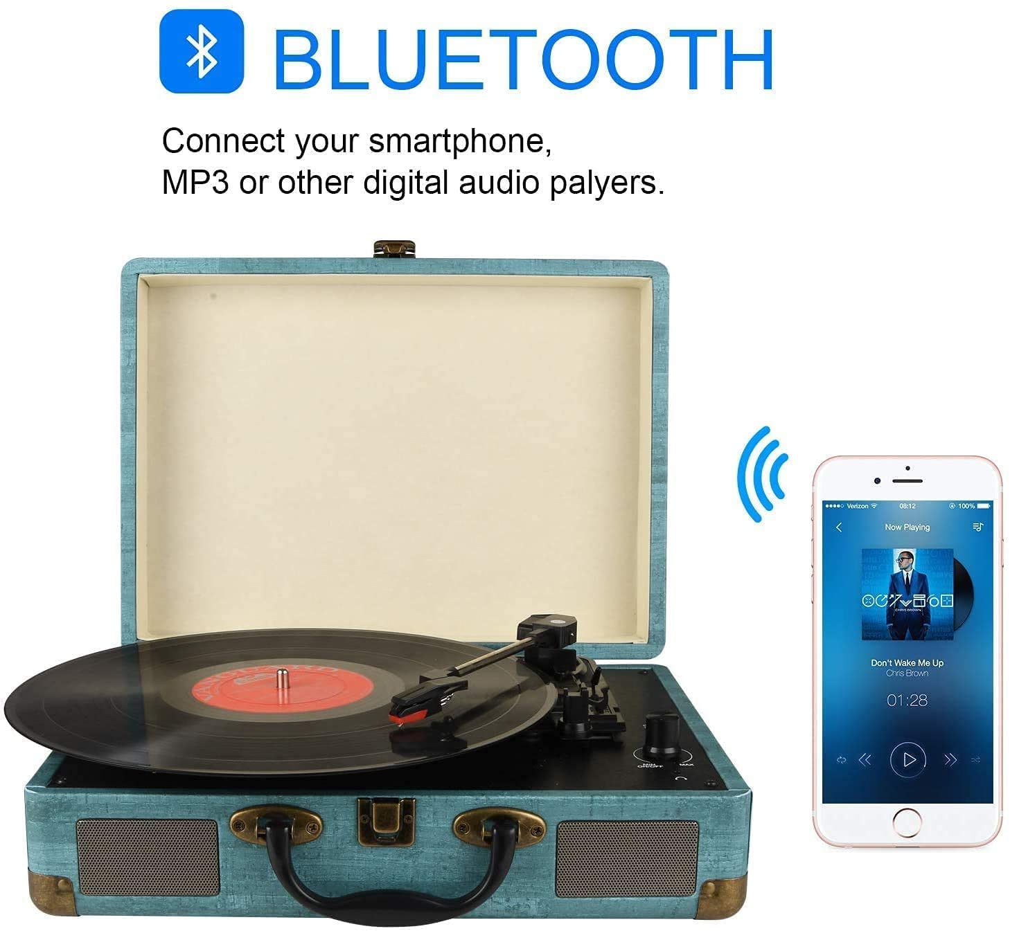 Record Player Vintage 3 Speed Bluetooth Vinyl Turntable With Stereo Speaker, Belt Driven Suitcase Vinyl Record Player
