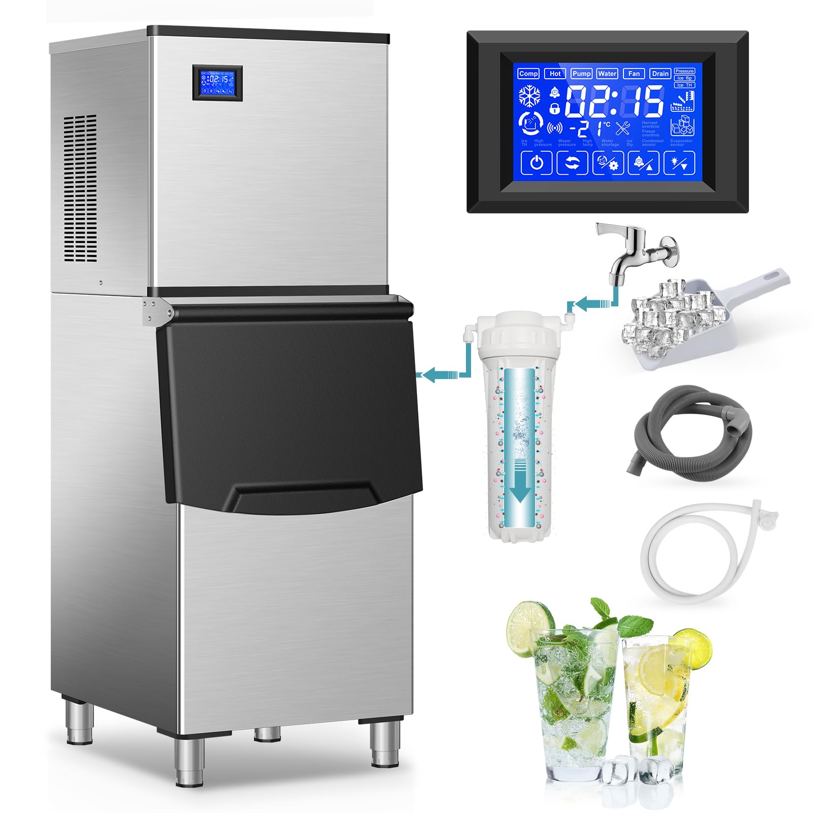 Commercial Ice Maker Machine 200Lbs/24H, 72Pcs Ice Cubes Under Counter Ice Maker With Water Line And Filter, Freestanding Ice Ma