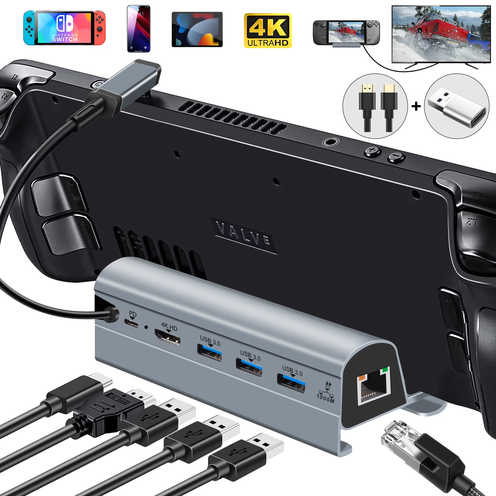 Maxtude Steam Deck Dock, Aluminum 6 in 1 Docking Station with HDMI 4K@60HZ, Gigabit Ethernet, 3 USB-A 3.0, USB-C PD Charging, St