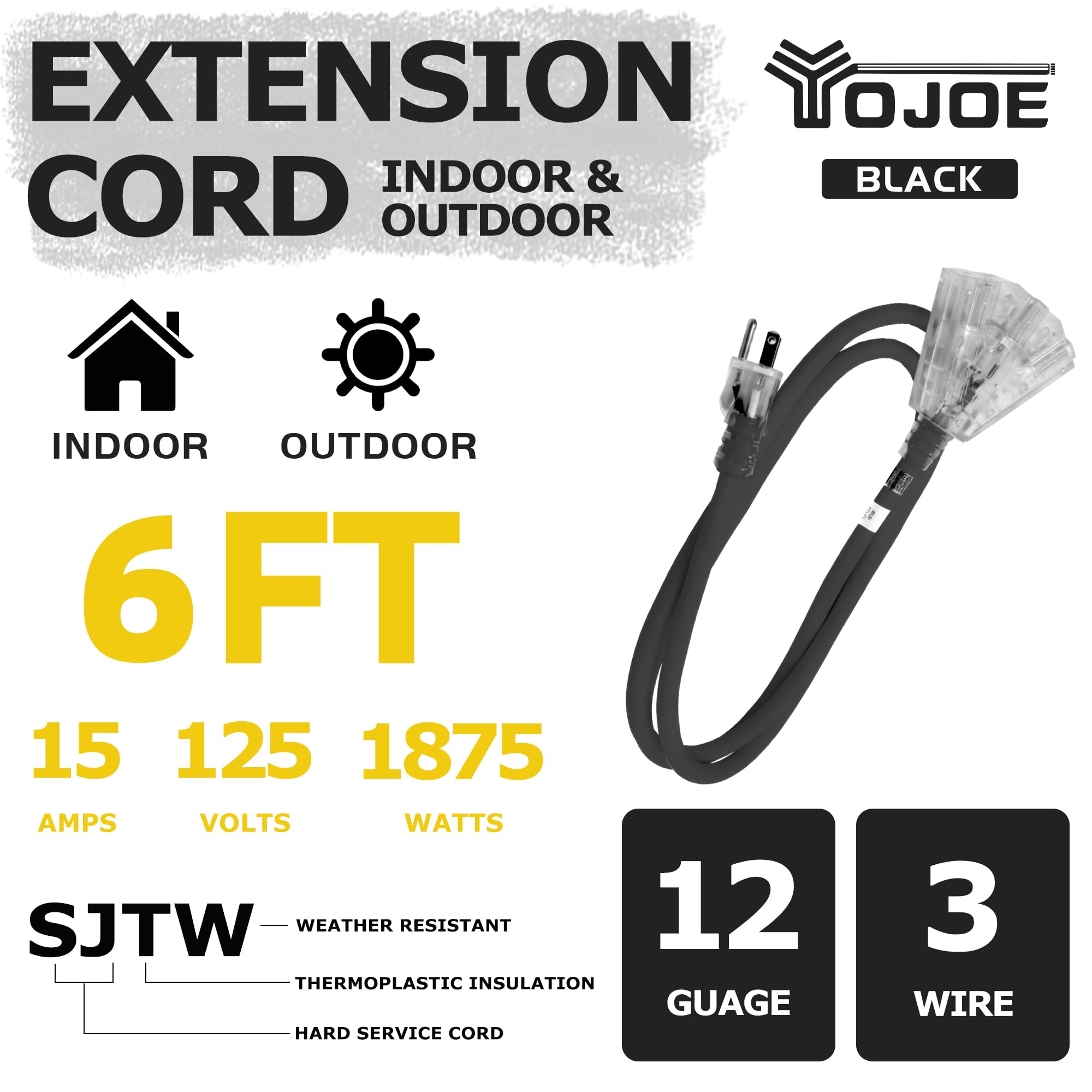Yojoe 6 Foot Black Extension Cord, Lighted Outdoor 12/3 Cord With 3 Power Outlets, 12 Gauge 3 Prong Sjtw Heavy Duty Extension Ca