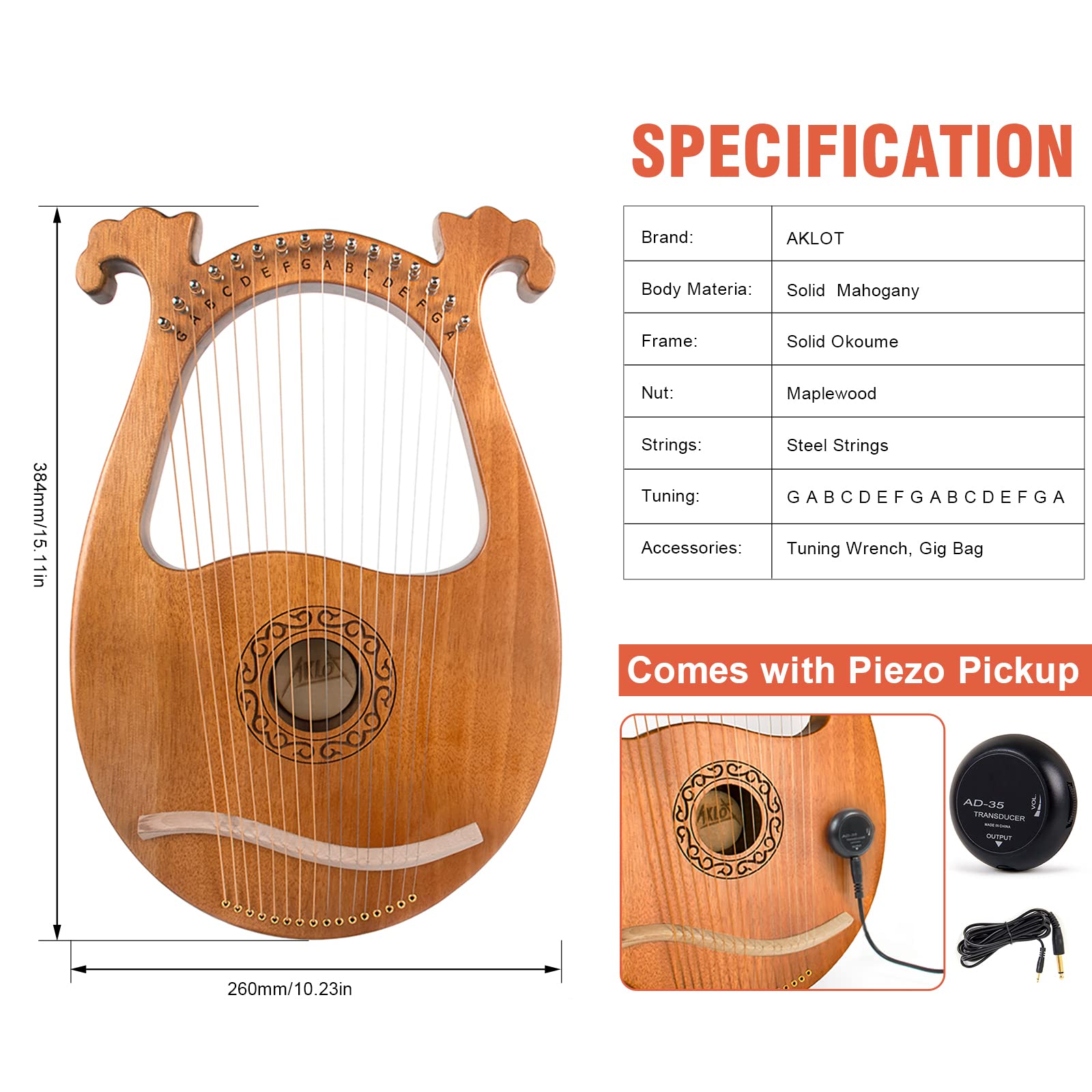 Lyre Harp, Aklot 16 Metal Strings Mahogany Body Lyra Harp With Maple Saddle Carved Note Tuning Wrench Pickup Strings And Black G
