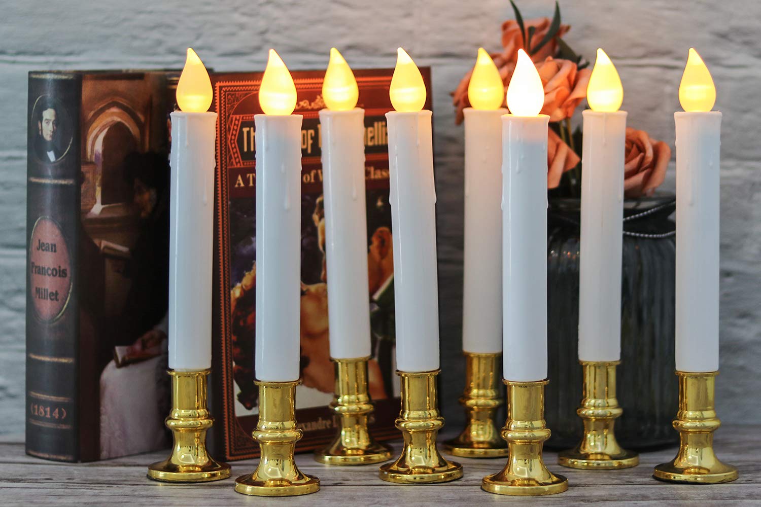 Dromance 9'' Flameless Window Taper Candles Battery Operated With 8 Key Remote And Timer, 4 Pack White Christmas Holdiay Window