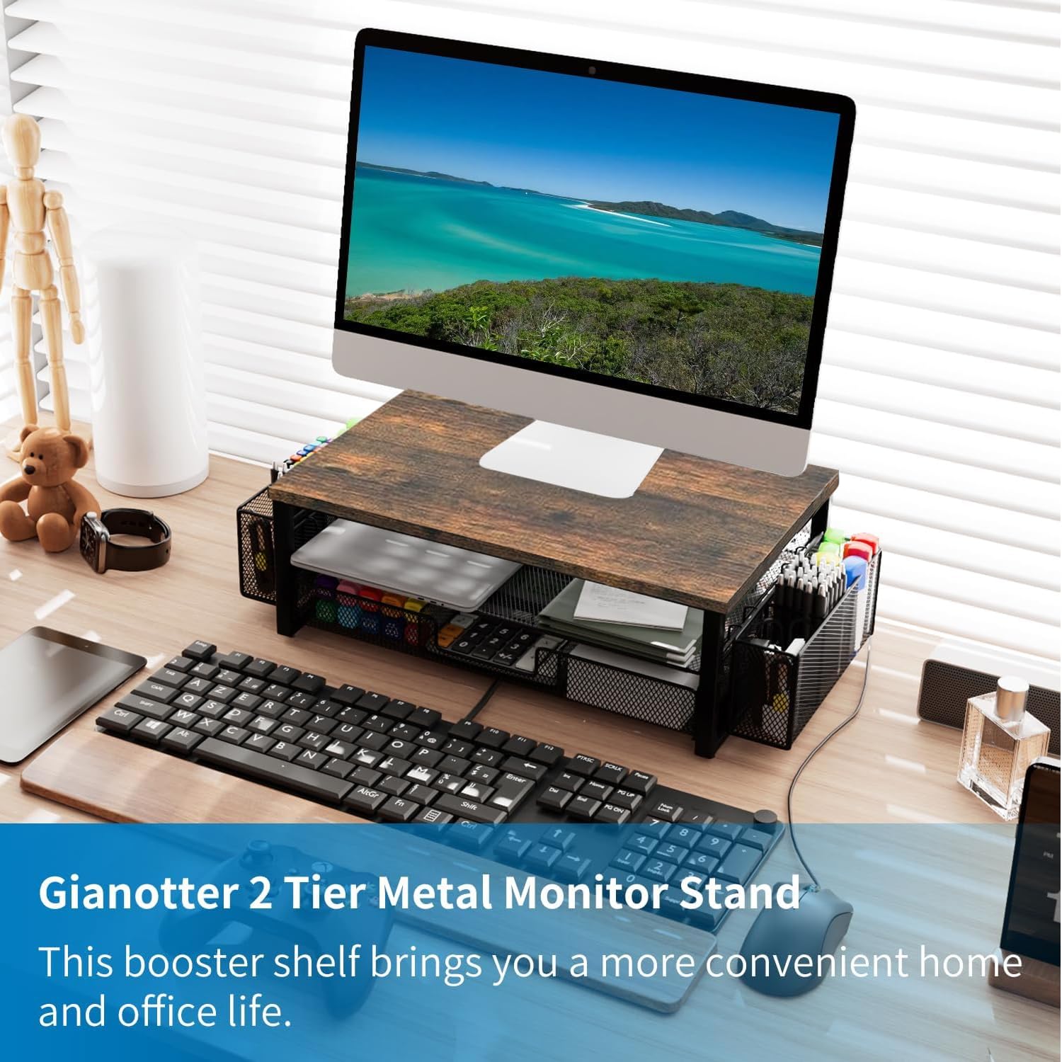 Gianotter Monitor Stand Riser, Desk Organizer With Drawer And Pen Holder, 2 Tier Computer Stand, Office Desk Accessories, Office