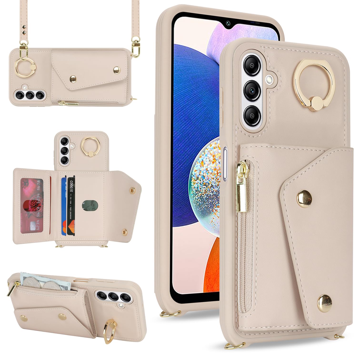Lipvina For Samsung Galaxy A14 5G Case With Card Holder And Strap - Zipper Pocket,Crossbody Lanyard Strap,Credit Card Holder,Sta