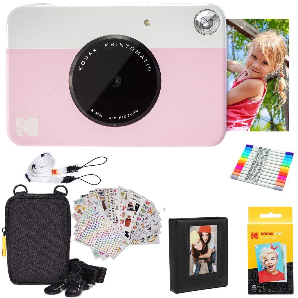 Kodak Printomatic Instant Camera (Pink) Gift Bundle + Zink Paper (20 Sheets) + Deluxe Case + 7 Fun Sticker Sets + Twin Tip Marke