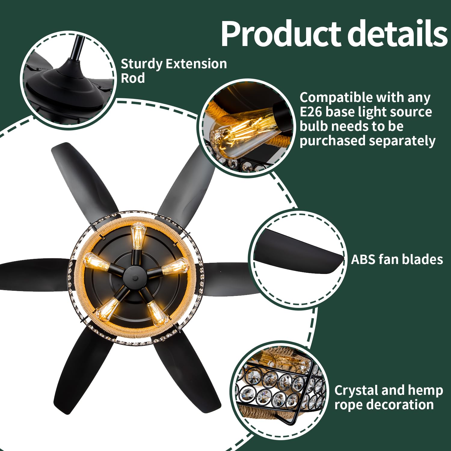 Oiotwo 51 Inch Ceiling Fan With Light Remote Control, Farmhouse Style Lampshade With K9 Crystal Attached, 6 Speed Reversible, Su