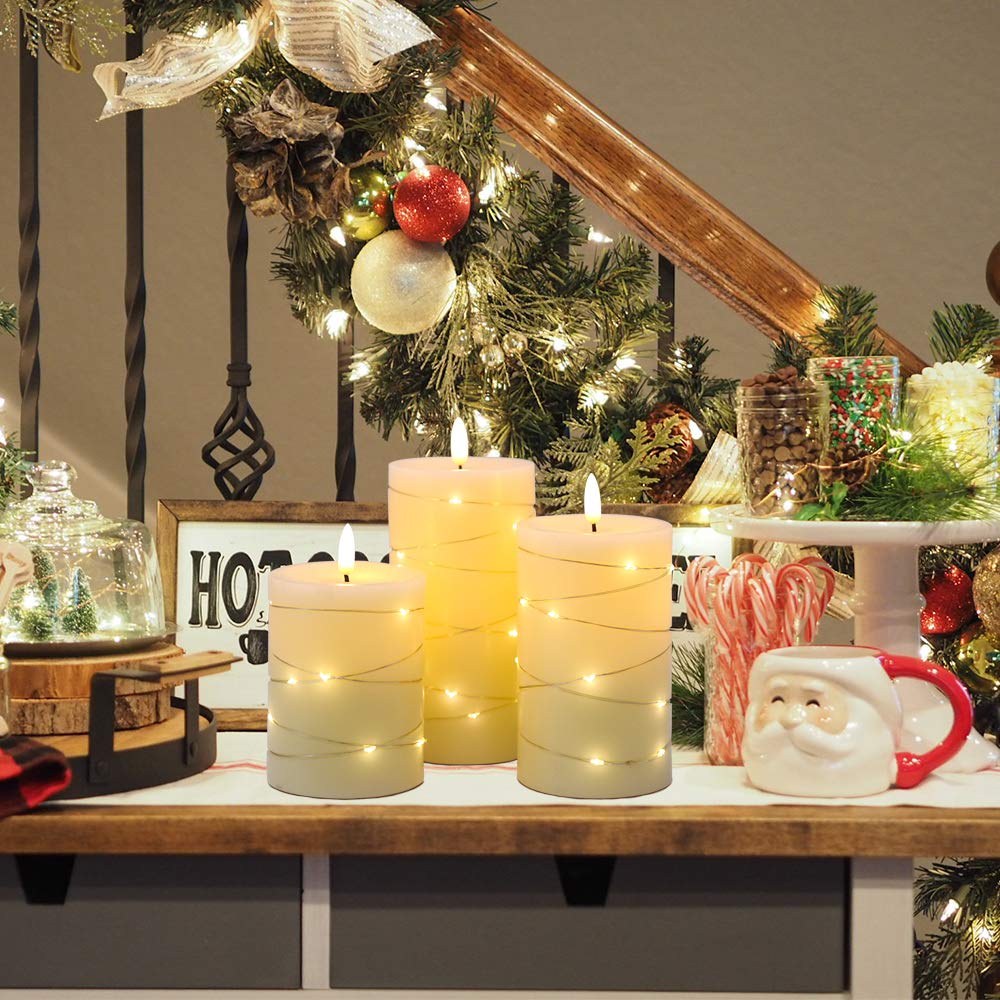 Dromance Flameless Flickering Candles String Light With Remote Timer Set Of 3 Battery Operated Led Pillar Candles Real Wax 3D Wi