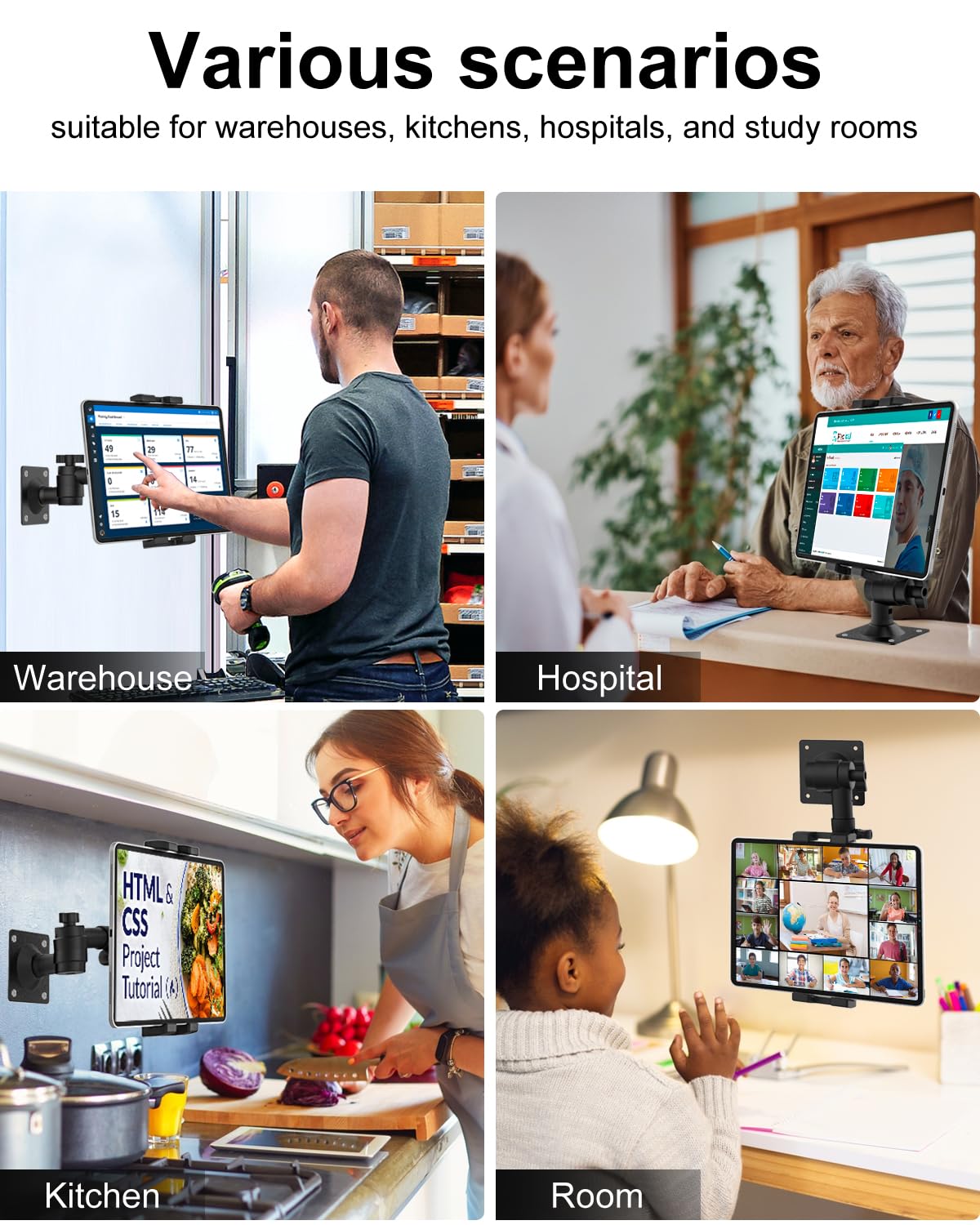 Gdzn Universal Tablet Wall Mount Holder For Ipad, [Adjustable Arm] Kitchen Cabinet Drill Base Tablet Stand For 4-13 Inch Tablets