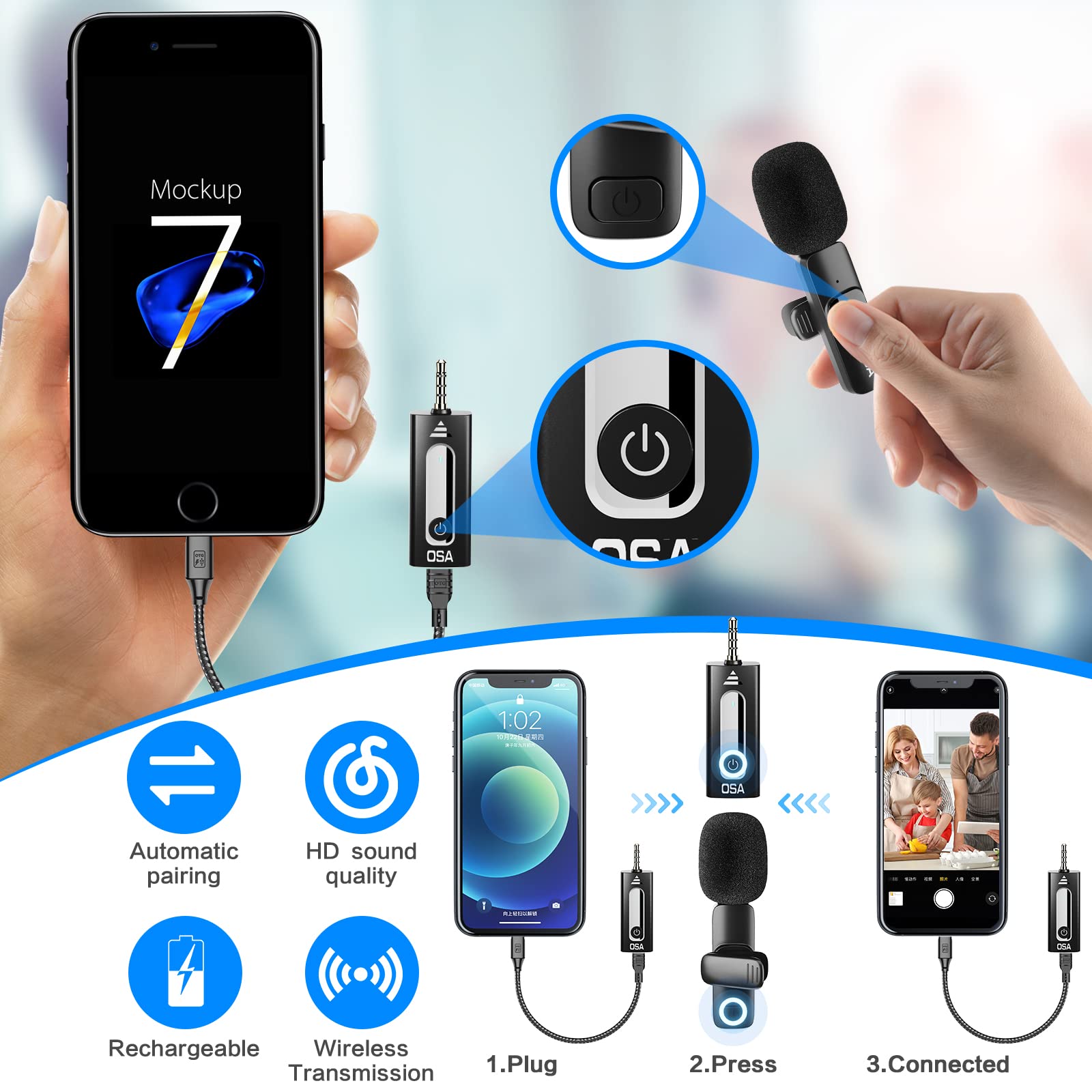 Osa Wireless Lavalier Microphone, Wireless Microphone For Iphone, Android Phone, Camera, Clip-On Plug & Play Auto-Sync And Noise