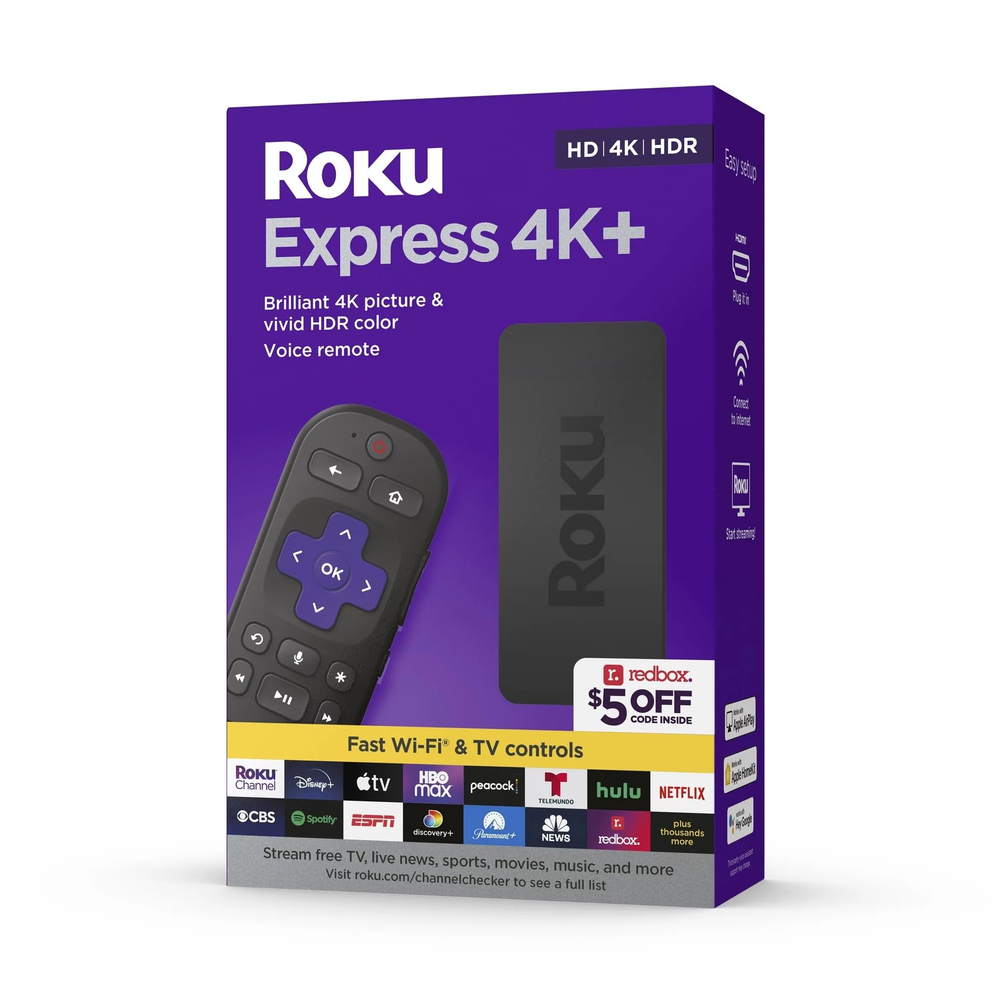 Roku Express 4K+ | Hd/4K/Hdr Streaming Device With Voice Remote, Tv Controls, Fast Wi Fi, Premium Hdmi Cable, And Easy Setup