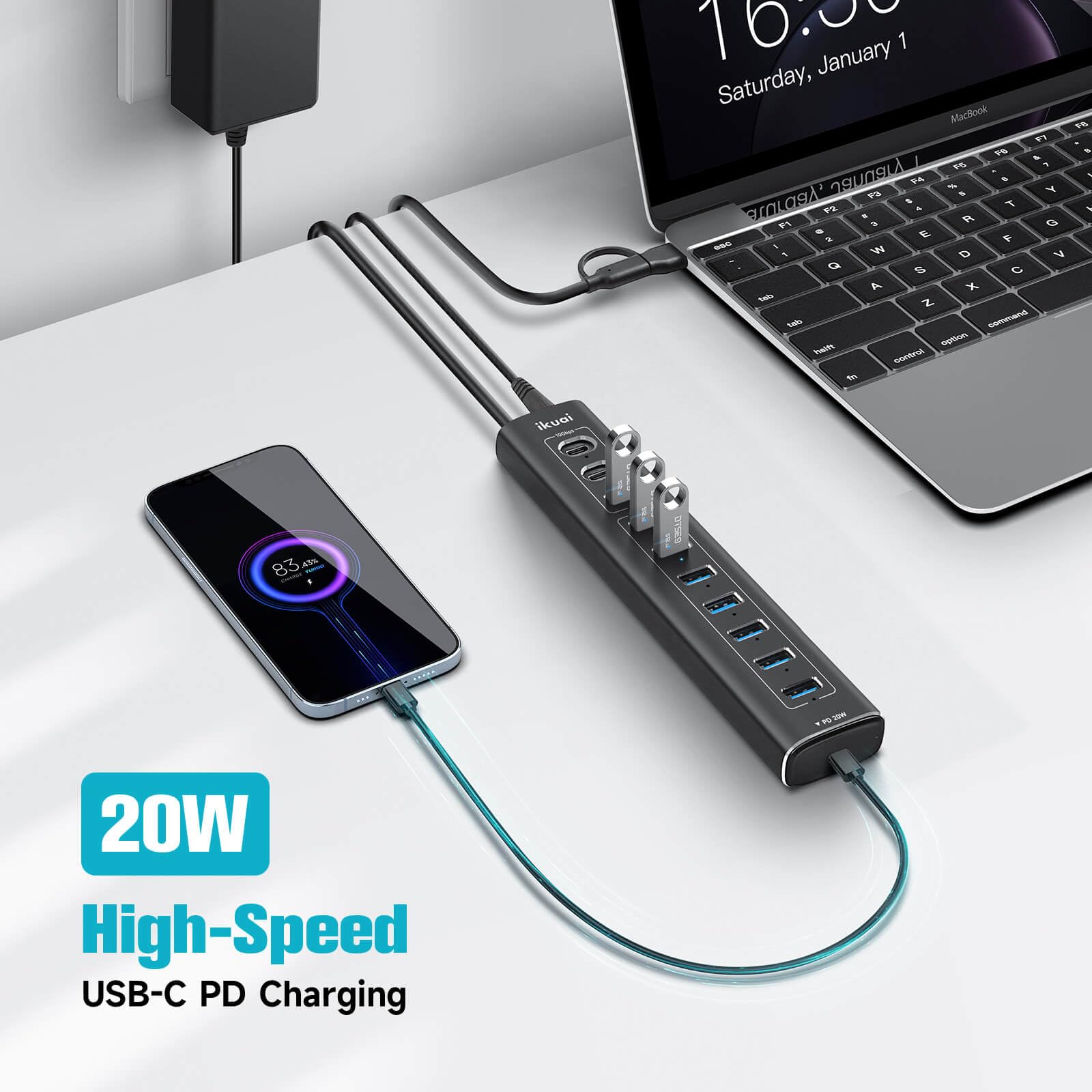 Powered Usb Hub, 11 Port Ikuai Hybrid Usb 3.2/ Usb C Hub With Pd Charging Port And 60W Power Adapter, Aluminum Usb Splitter Incl